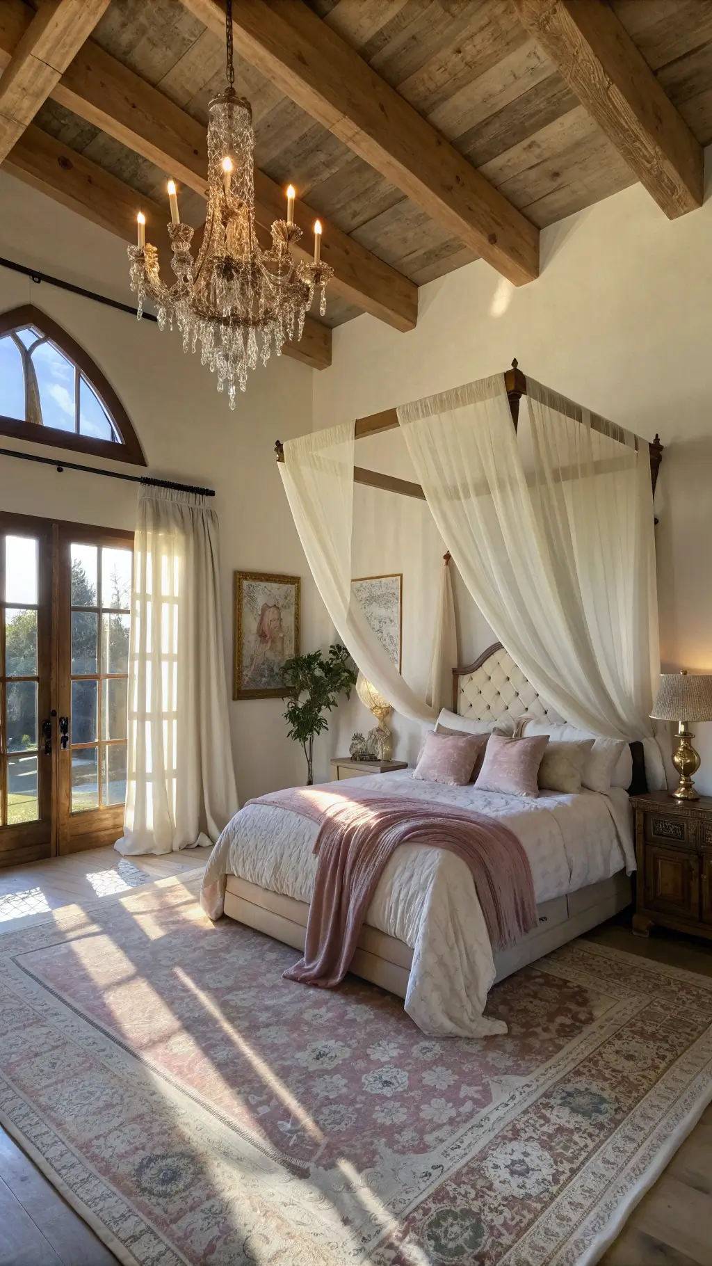 Sun-soaked, ethereal bedroom sanctuary with cathedral ceilings, a grand four-poster bed draped in silk and velvet, fairy lights, vintage lanterns, and Persian rugs.