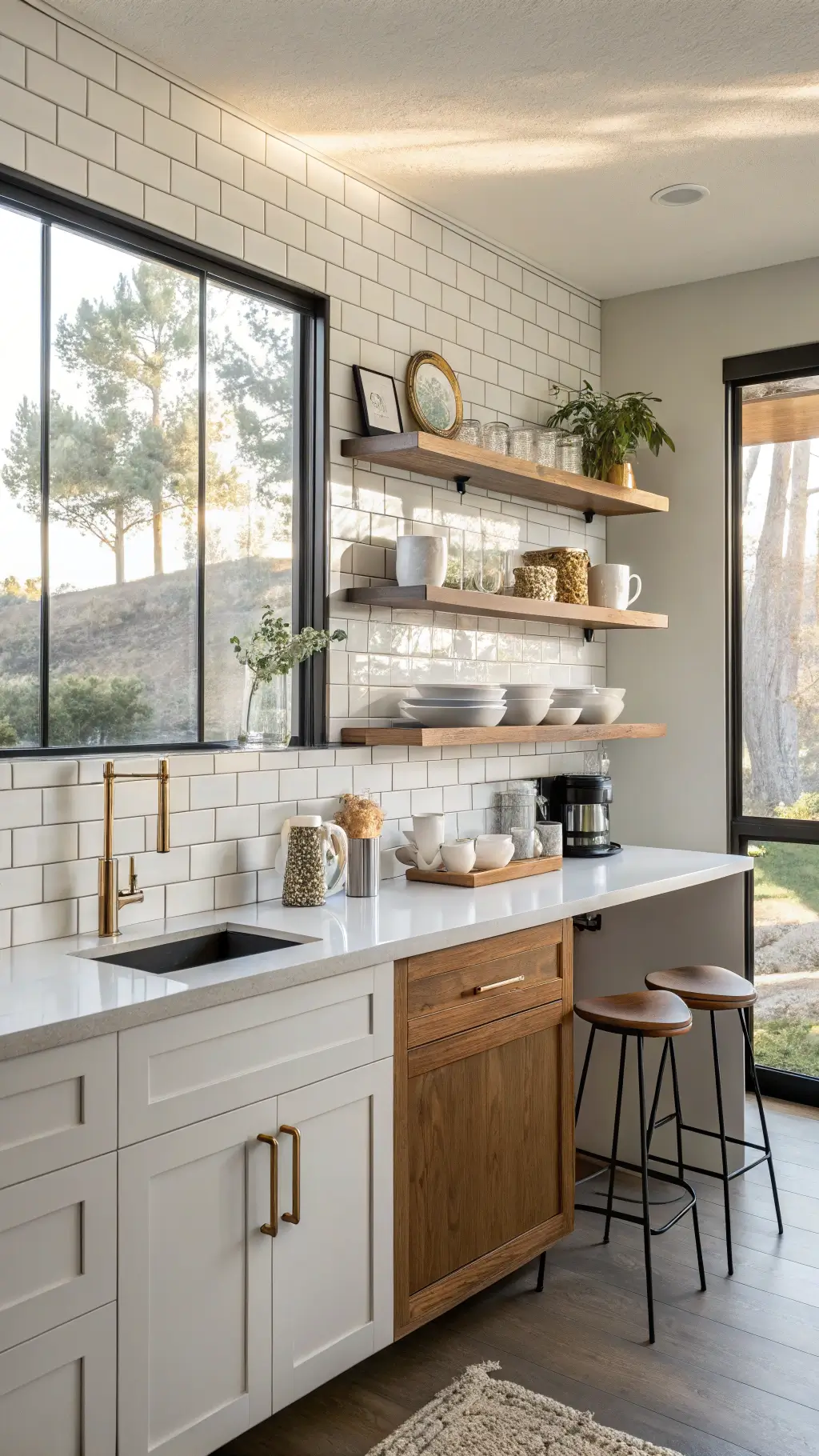 Bright corner kitchen nook with modern minimalist coffee bar in golden morning light, featuring a matte black Moccamaster, artisanal ceramic mugs, and brass coffee accessories on a walnut tray.