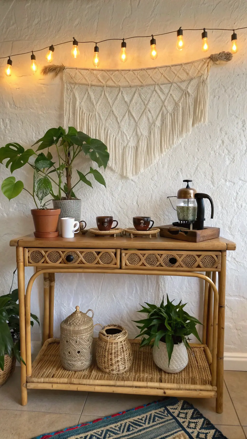 Bohemian-styled coffee haven with rattan console table, brass coffee grinder, globally-inspired coffee cups on macramé shelf, handwoven rust and indigo runner, and a monstera plant in a ceramic pot against an ivory wall, all under soft, dreamy string lights.