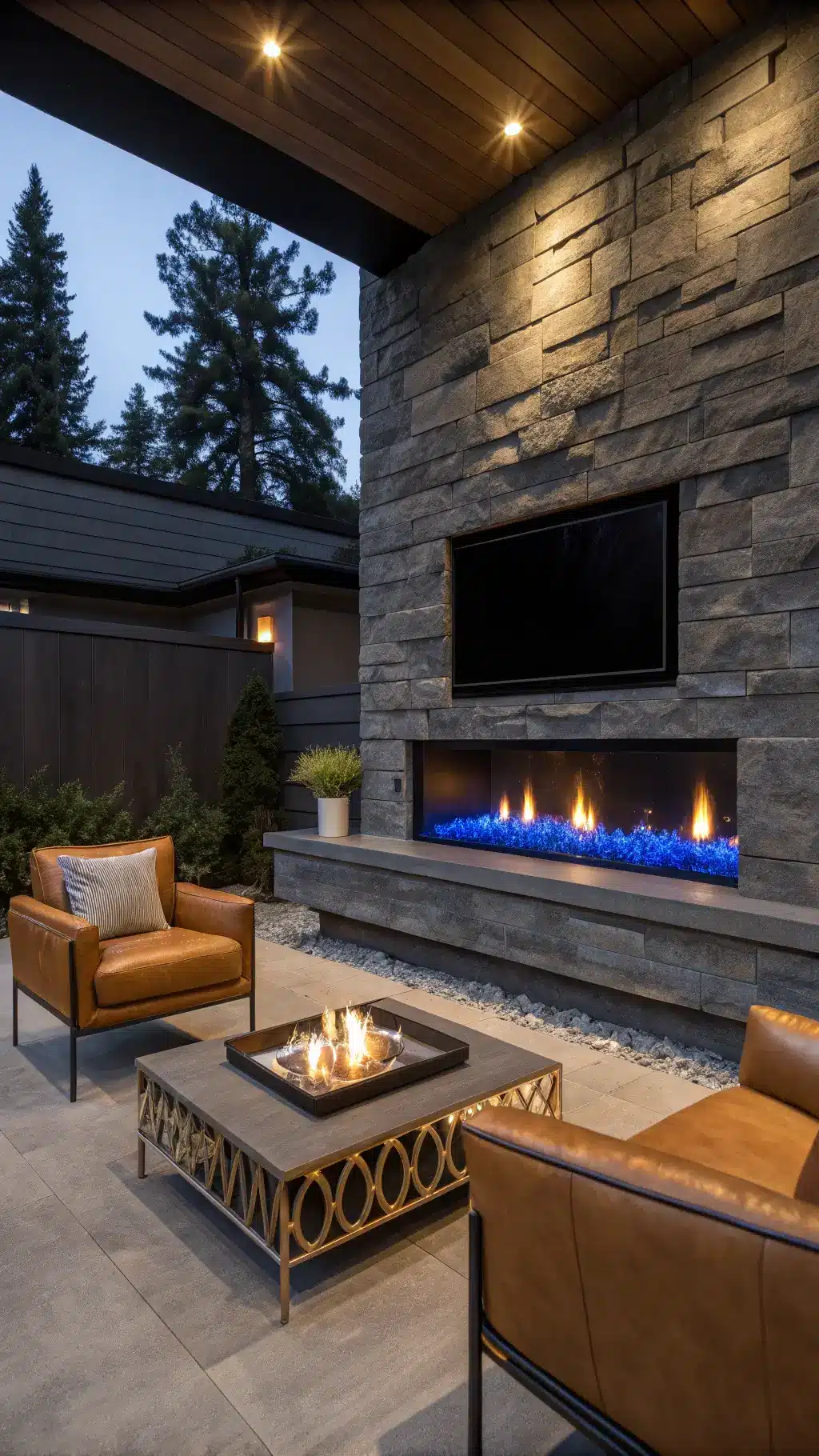 Modern den with blue LED flame fireplace, mid-century leather armchairs, brass coffee table, and automated sconces in dusky lighting.