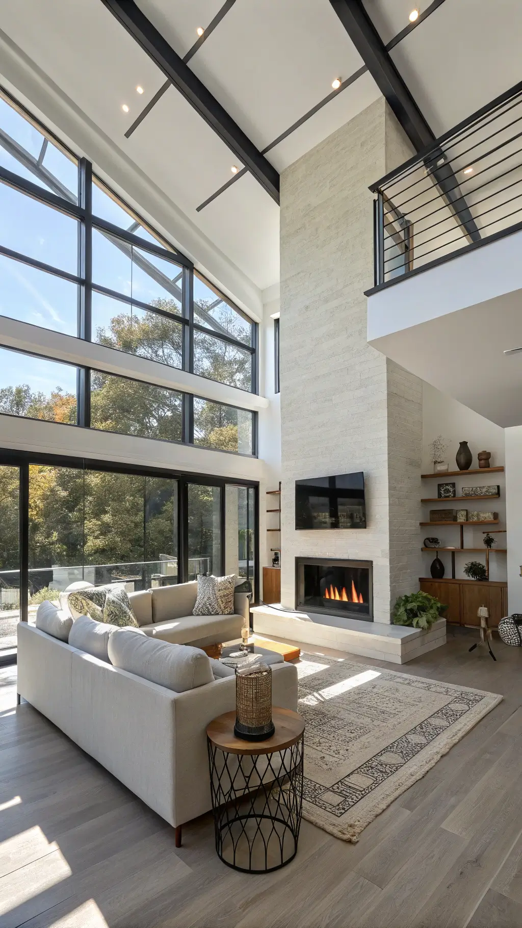Open concept 20x24ft space with modern suspended fireplace, ivory sectional sofa, steel-framed windows, floating shelves with ceramic vessels, and bright sunlight casting sharp shadows.