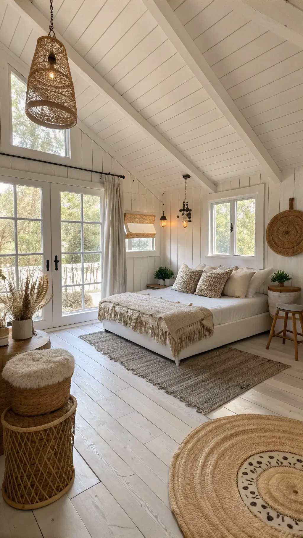 Bright and airy Scandinavian-Boho hybrid retreat with high ceilings, white-washed pine walls, bleached hardwood floors, and minimalistic rustic decor.