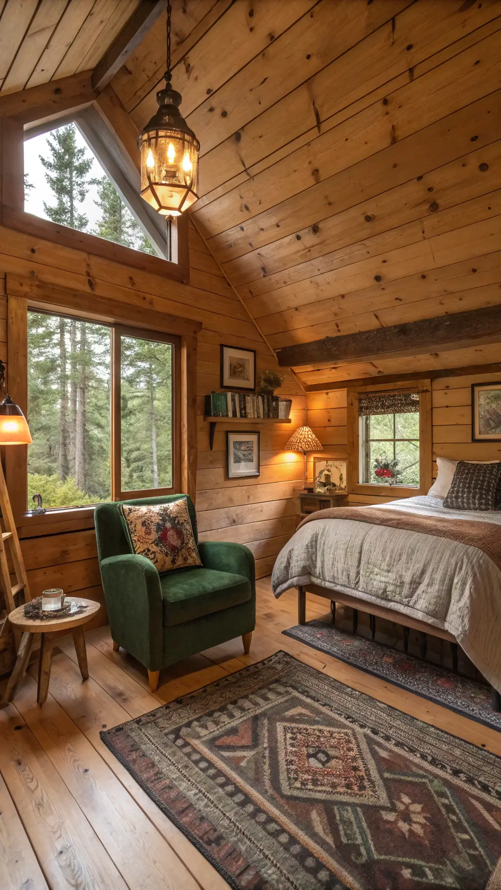 Late afternoon view from loft level of a cozy 350 sq ft woodland cabin with cedar-lined walls, hickory floors, and northwest light, featuring a lofted queen bed, reading nook with velvet chair, copper pendant lights, and vintage decor.