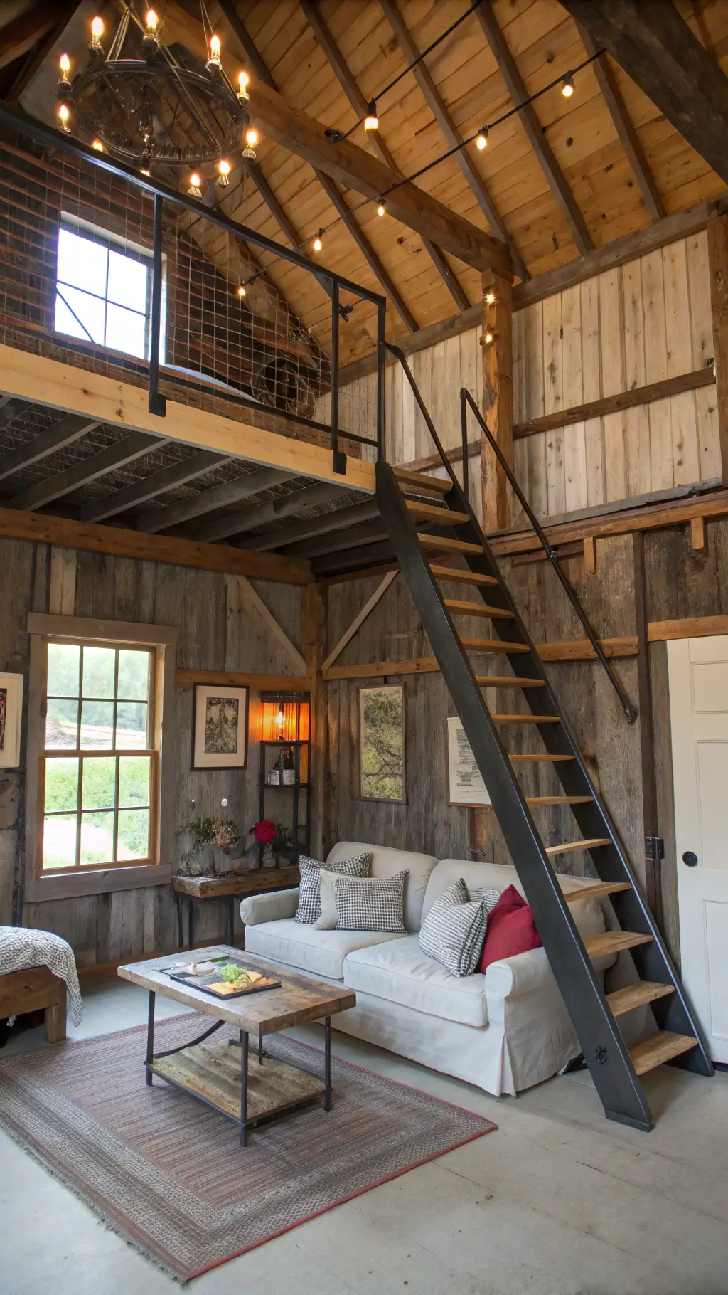 Converted 450 sq ft barn space showcasing industrial farmhouse fusion design with exposed steel beams, reclaimed wood walls, loft bed, sectional and factory cart coffee table; viewed from elevated position.