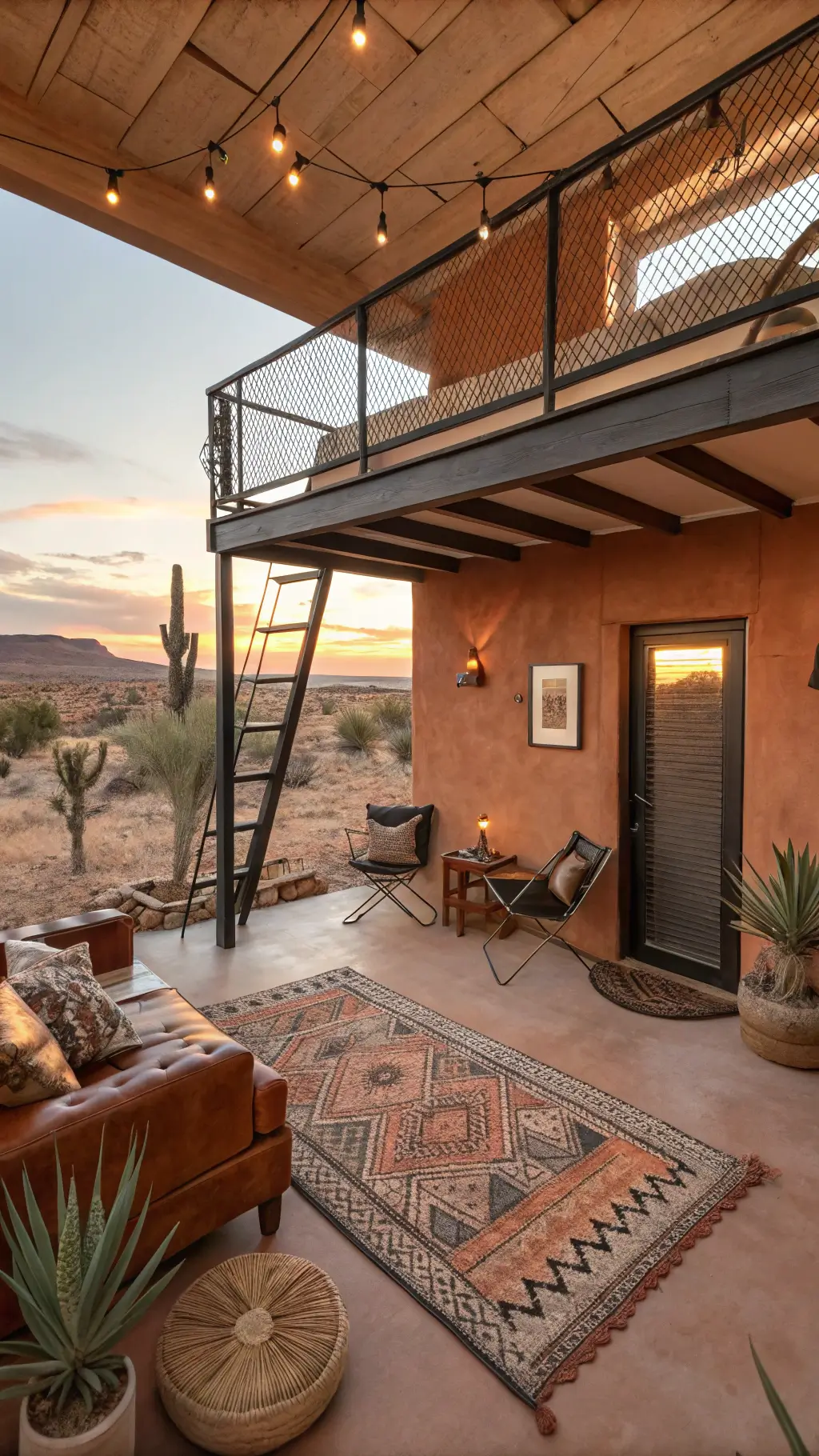 Southwestern desert space with adobe-style walls, wooden loft, Navajo textiles, leather chairs, Aztec rug, desert plants, and geometric light from a metal pendant.
