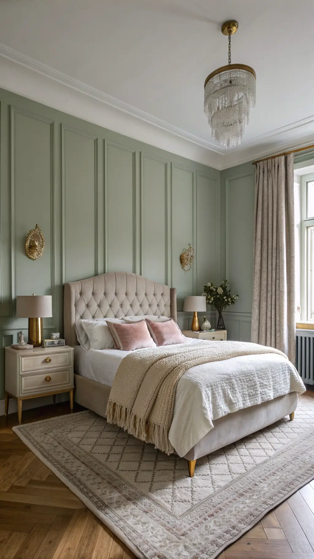 Early morning light filtering through white linen and velvet drapes in a luxurious 12x14ft bedroom, with walls painted in soft sage and adorned with dramatic paneling. The room features a queen bed dressed in white cotton and blush silk, flanked by brass side tables with marble tops, with a Venetian mirror hanging above an upholstered headboard. The scene is completed by herringbone wooden floors covered by a plush area rug, shot at eye level in moody atmospheric lighting.