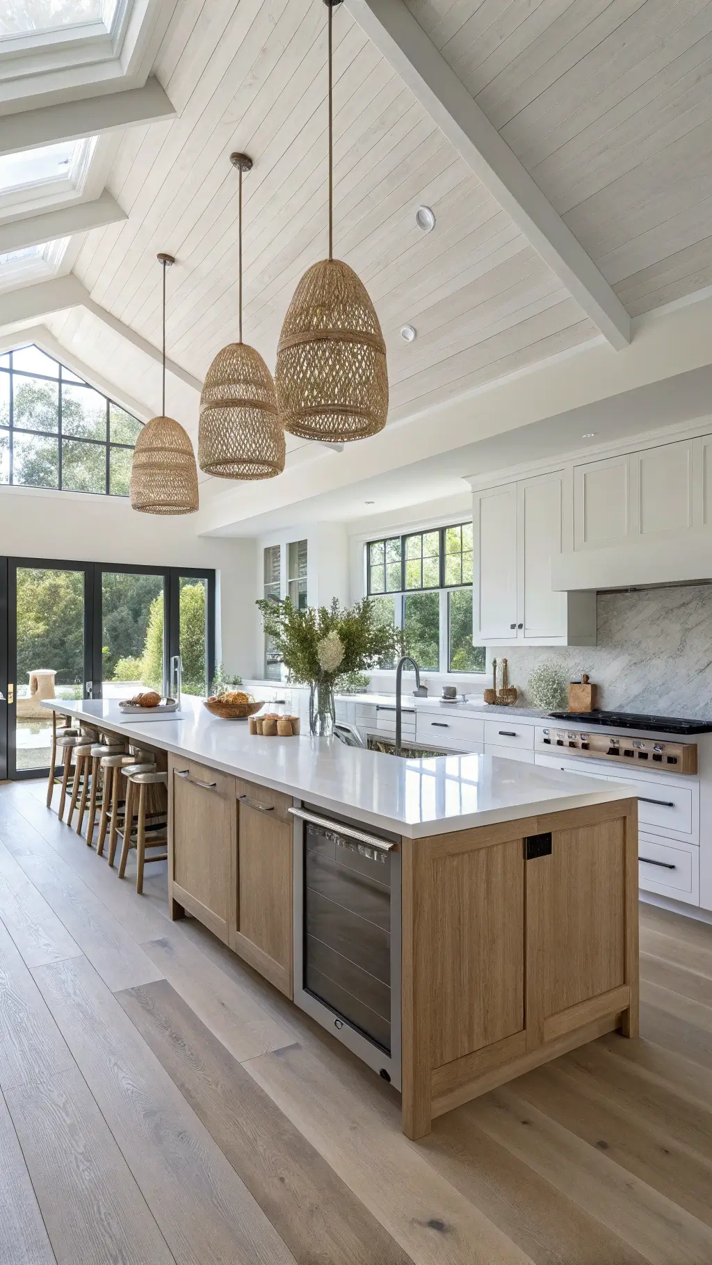 Bright, spacious 18x20ft kitchen with double islands in oak and white quartz, handmade ceramic pendant lights over casual seating, and hidden appliances, captured from an elevated position.