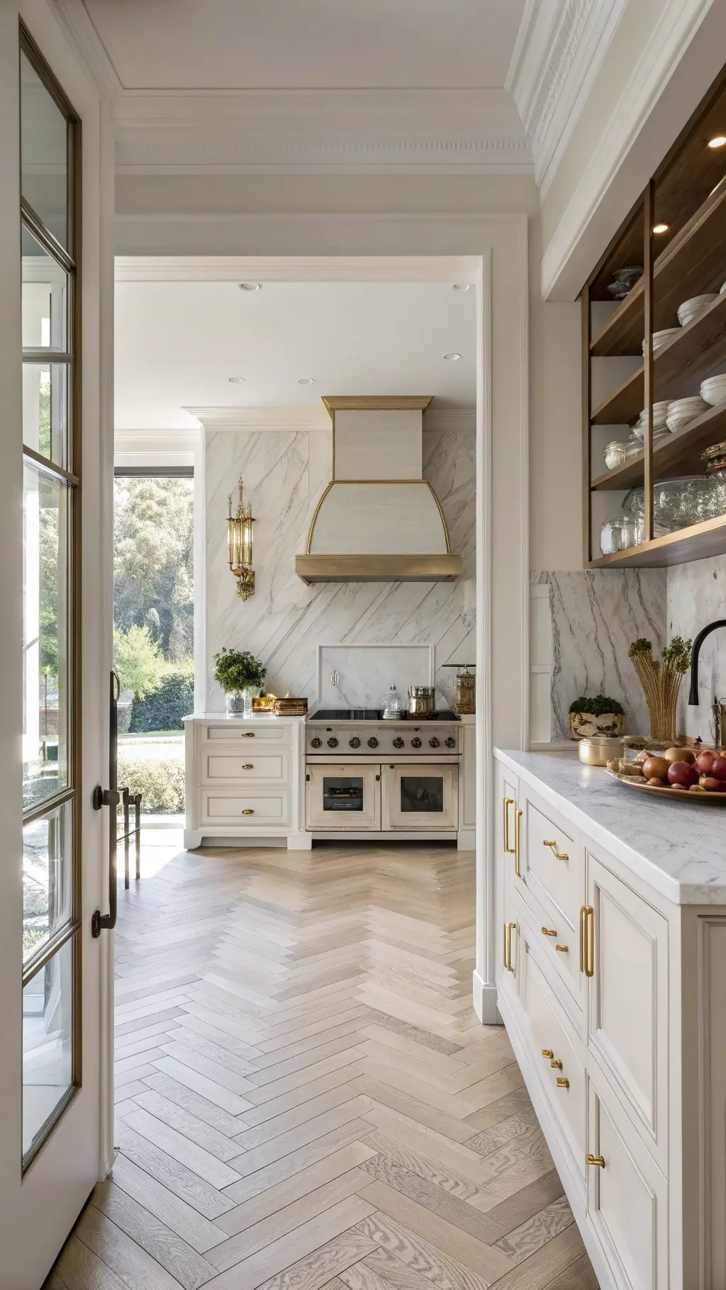 View of a sunlit breakfast nook leading to a luxury kitchen with white oak herringbone floors, marble countertops, professional range with custom brass hood, and open shelves displaying ceramics and cookware.