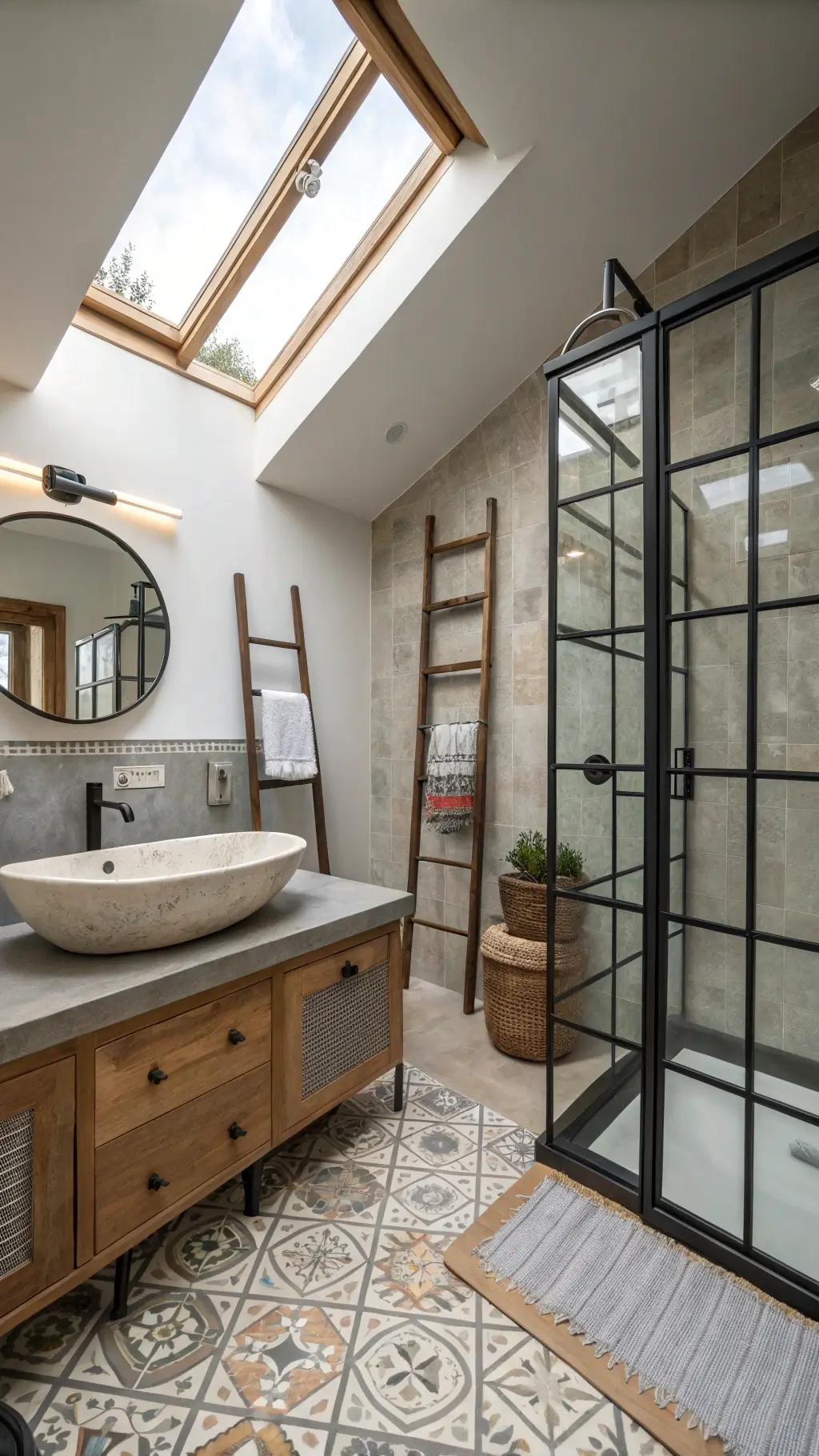 Bright, airy 12'x15' bathroom sanctuary with zenithal light from skylight, highlighting steel-framed shower, concrete vanity with vessel sink, and vintage apothecary cabinet. Features include reclaimed wood ladder towel rack and geometric cement tiles, captured straight-on emphasizing symmetry and light play.