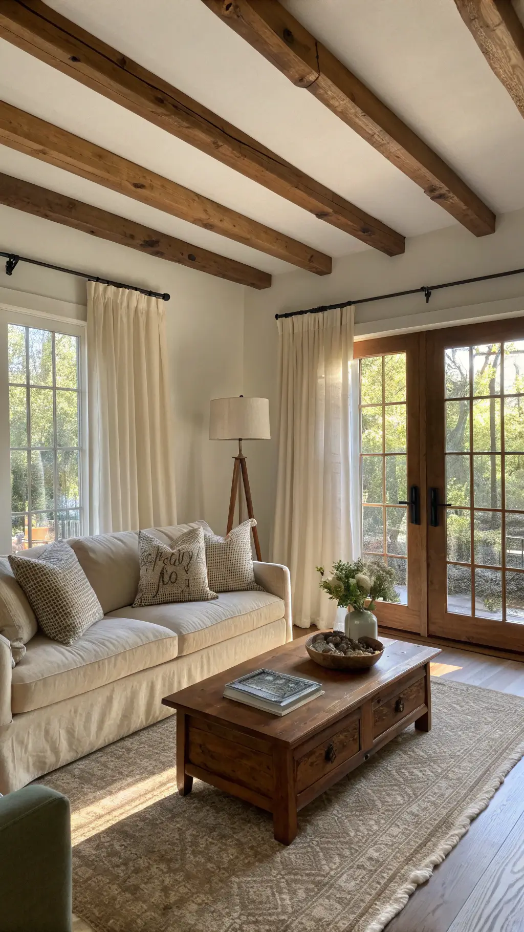 Sun-drenched living room with exposed wooden beams, walnut coffee table, oatmeal linen sofa with sage and stone pillows, and vintage brass floor lamp, captured at eye level with warm light and soft shadows effect.