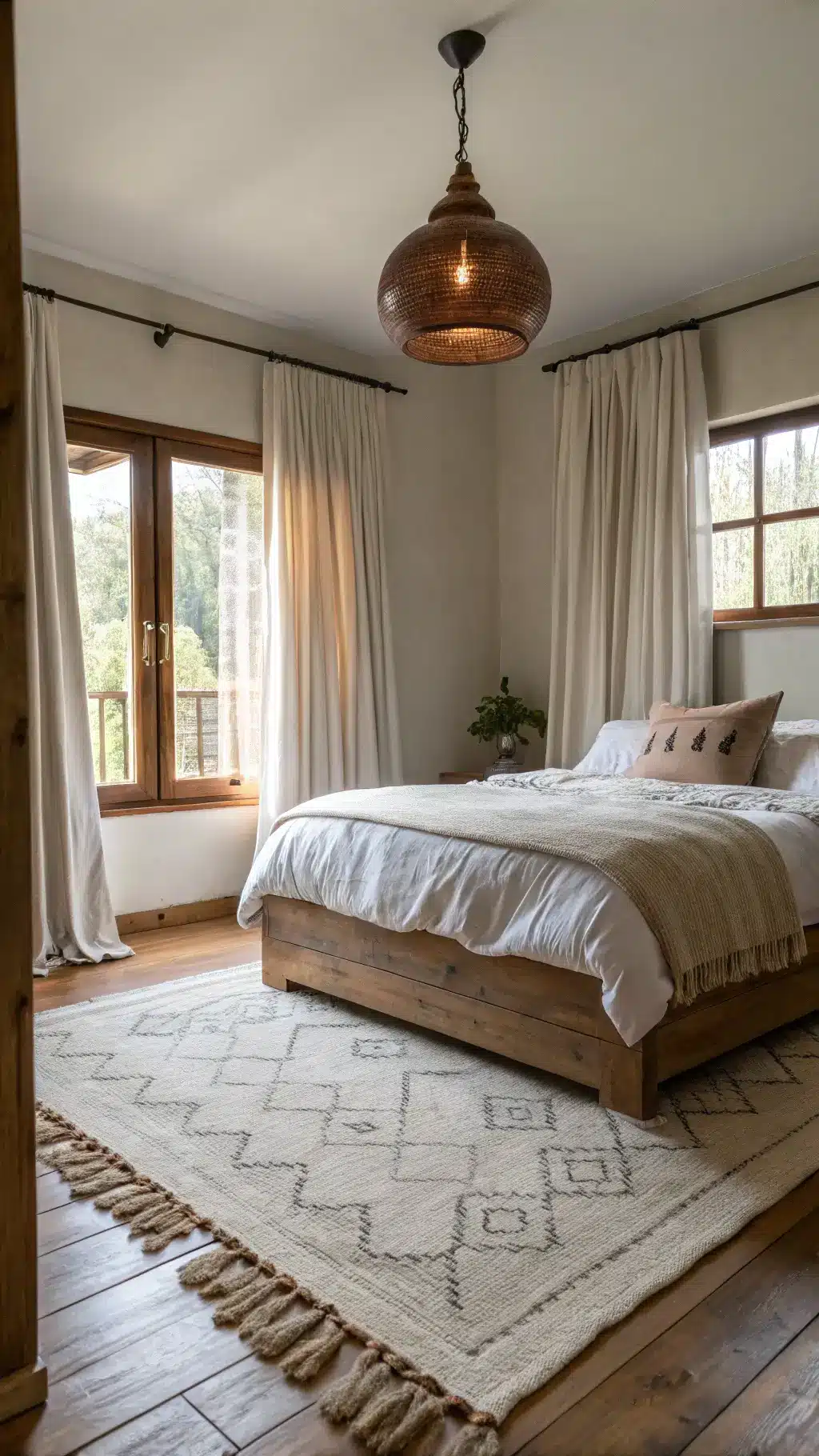 Master bedroom with raw silk curtains, platform bed of reclaimed timber, handwoven wool rug, and weathered copper pendant light in afternoon light.