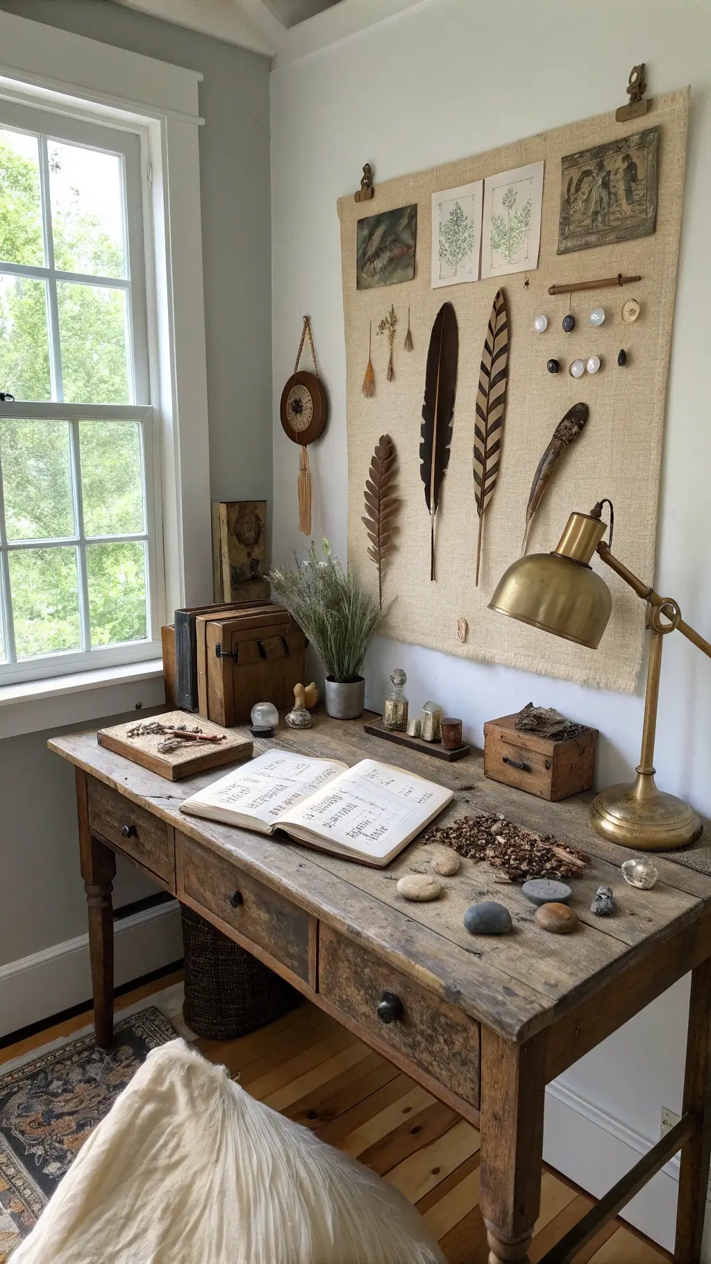 Elevated shot of a 10x12ft home office saturated with northern light, featuring a distressed wooden desk with repair marks, a collection of natural objects such as stones and feathers, a vintage brass task lamp, and a raw linen pin board.