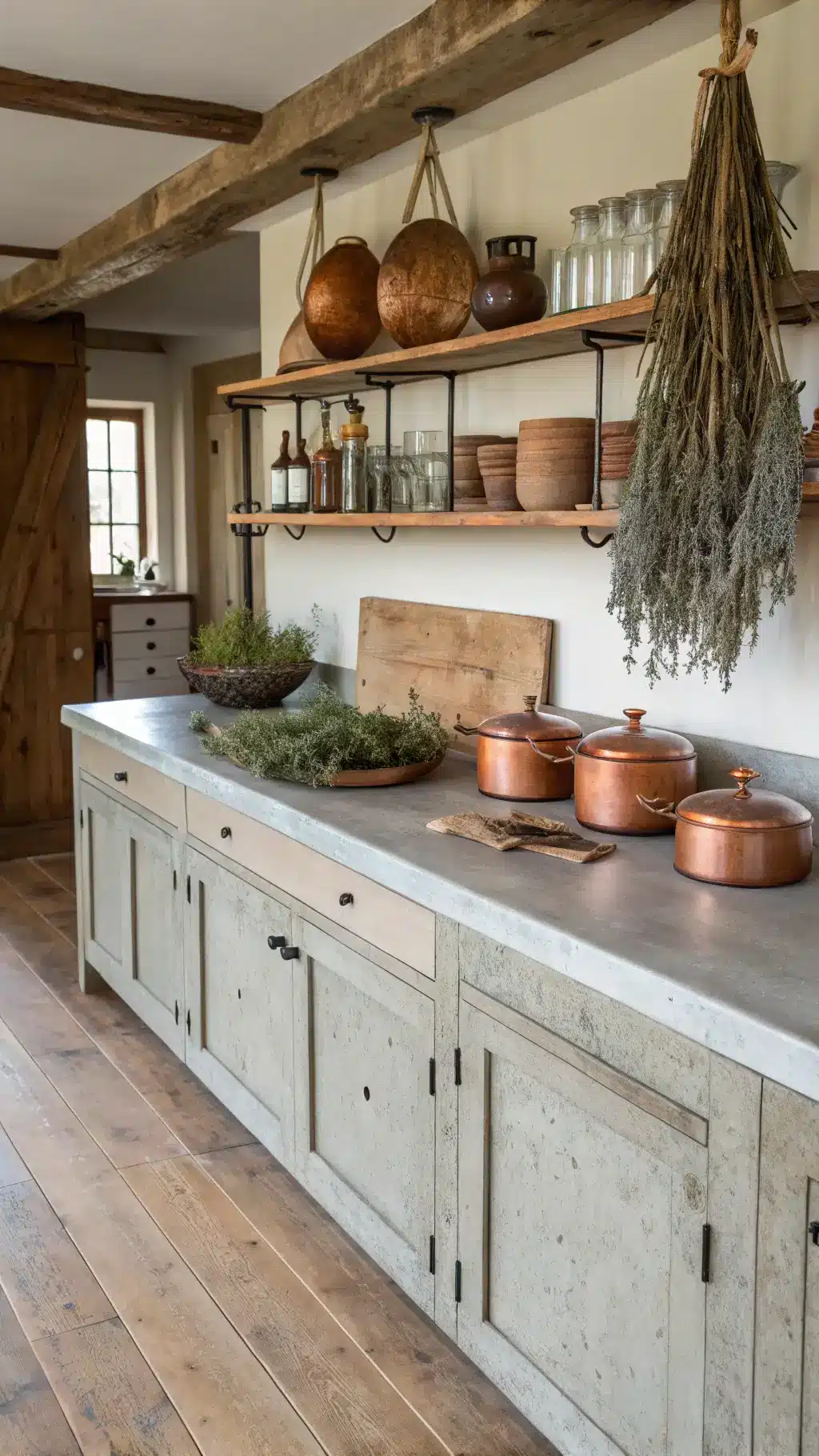 Open kitchen with concrete countertops, open shelving with handmade pottery, copper cookware and hanging dried herbs in morning light.