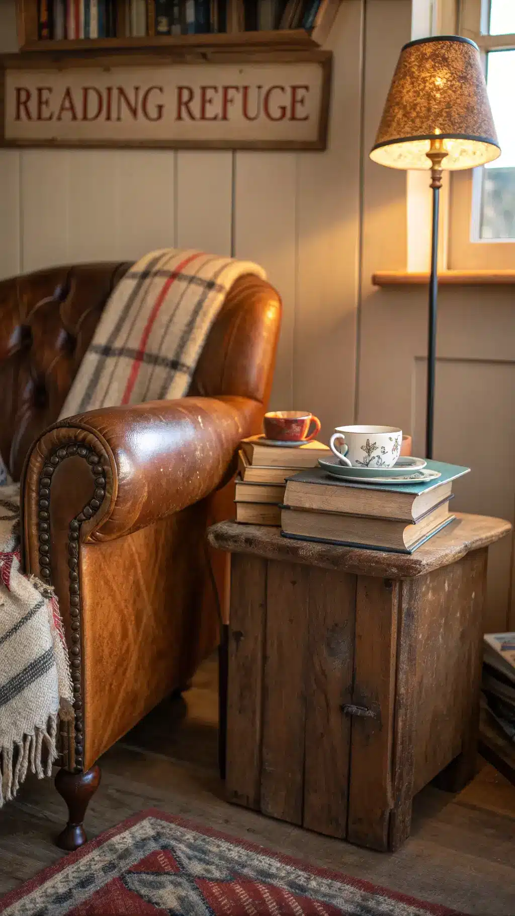 Vintage library corner at golden hour featuring leather armchair, stack of books on wooden table, ceramic tea set, and wool throw.