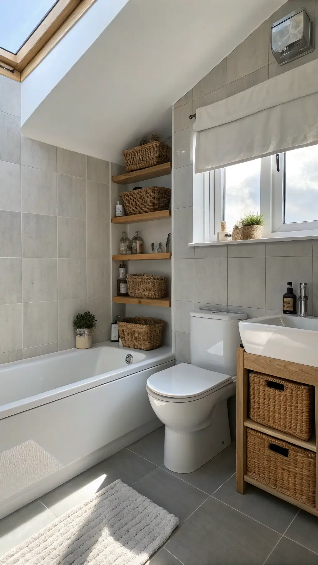 Minimalist Scandinavian 6x8ft bathroom with a white alcove tub, large light grey tiles, floating oak shelving, a slim-profile toilet, white linen roman shade and a frameless glass shower panel, in an afternoon light.
