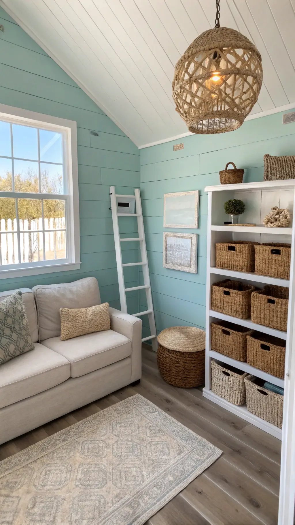 Coastal micro-living room with seafoam blue accent wall, white shiplap details, beige loveseat, rattan storage ottoman, ladder shelf with coastal decorations, capiz shell chandelier, and jute rug on bleached oak floors.