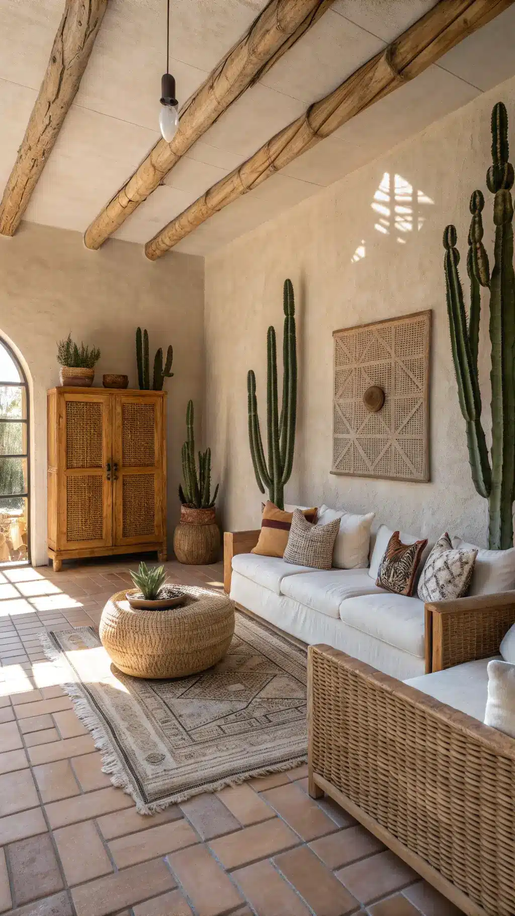 Wide-angle view of a modern desert retreat featuring a low-slung sectional, wooden media console, sculptural cacti, and handmade ceramic vessels in a 13x13ft room with textured stucco walls and terra cotta tiles, illuminated by strong directional lighting.