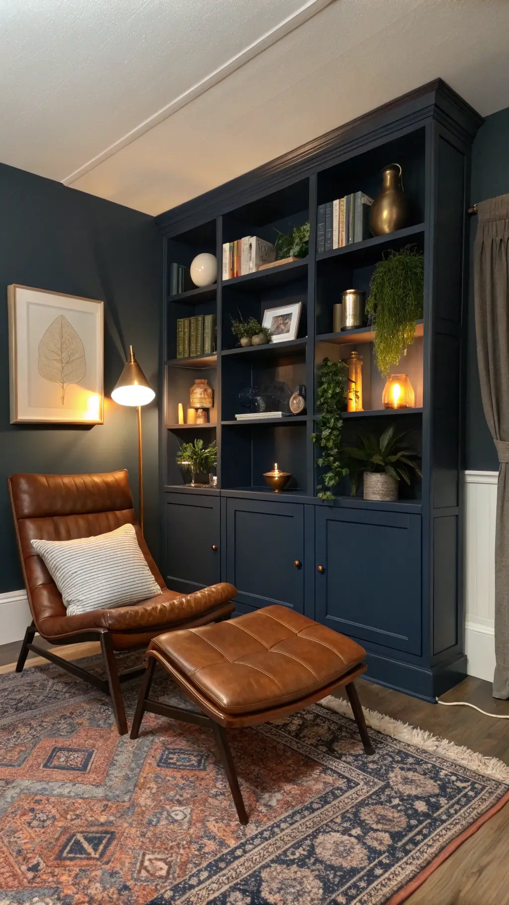 Master bedroom at dusk featuring a navy built-in bookshelf decorated with brass objects, white ceramics and trailing plants, a cognac brown leather reading chair, brass floor lamp, and a blue Persian rug over a textured sisal rug, shot from a 45-degree angle with warm lamp and cool evening lighting.