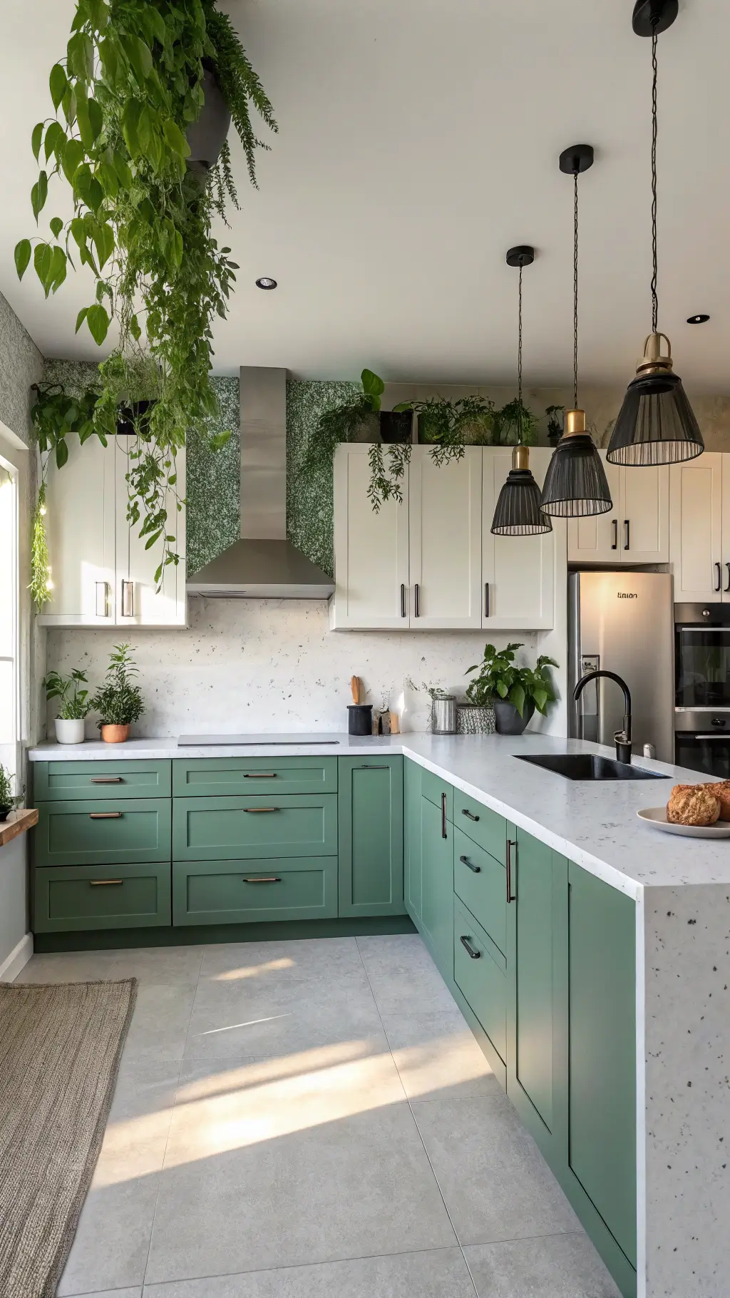 Dynamic contemporary kitchen with ombre-effect green cabinets, dramatic pendant lighting over terrazzo countertops, mixed metallic fixtures, and trailing plants decorating the upper cabinets, shot from a drone-like overhead perspective.