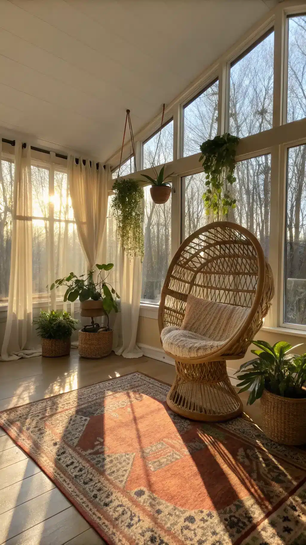 Sunlit sunroom with floor-to-ceiling windows, draped curtains, rattan chair with a cream throw, vintage Persian and jute rugs, and hanging pothos and monstera plants in warm natural lighting.
