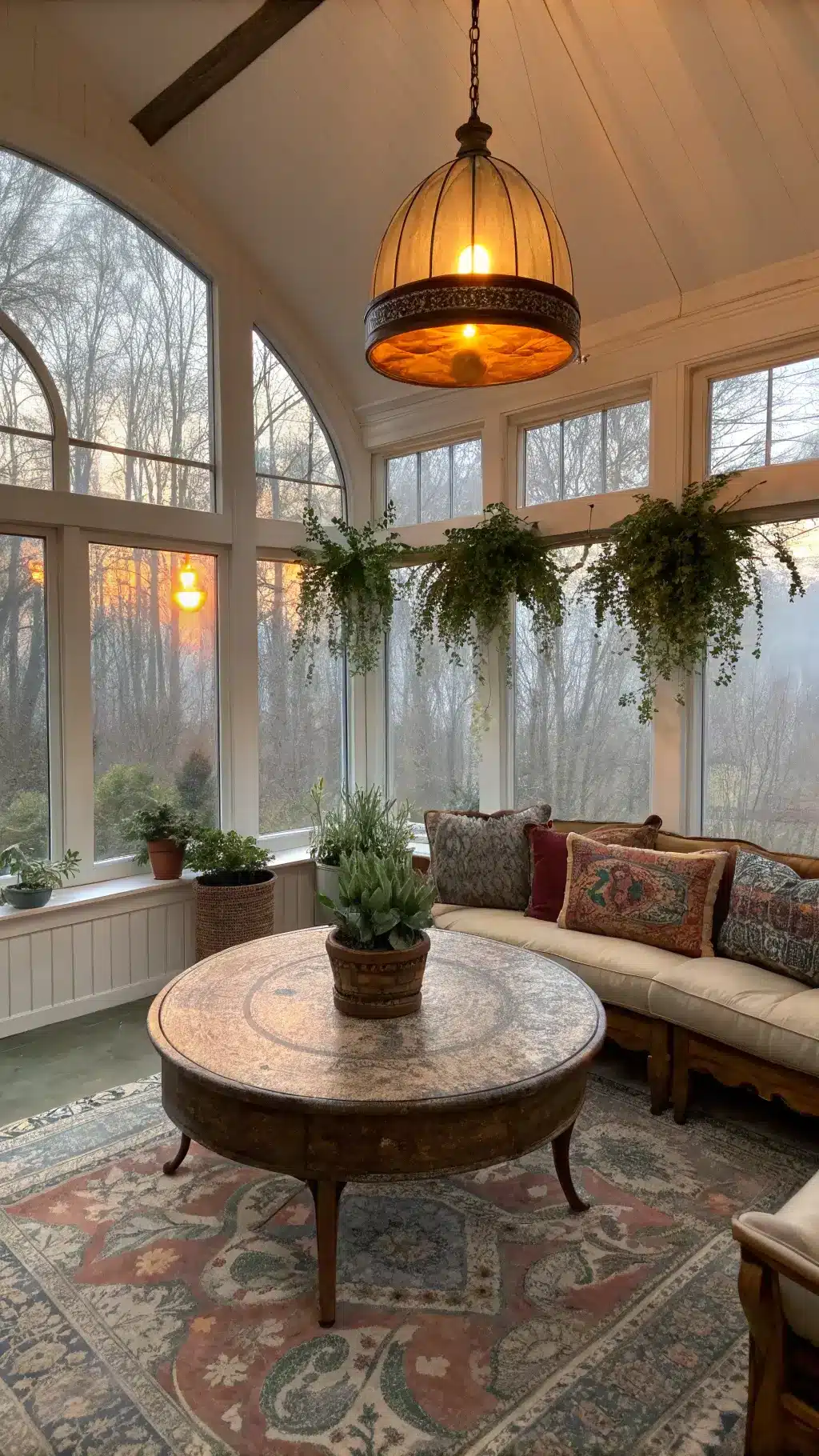 Dawn view of a 12x12 square sunroom nook with morning mist visible through the arched windows, weathered teak coffee table surrounded by velvet floor cushions, brass lamp with amber shade, and large macrame art on the textured wall under a natural plant canopy.