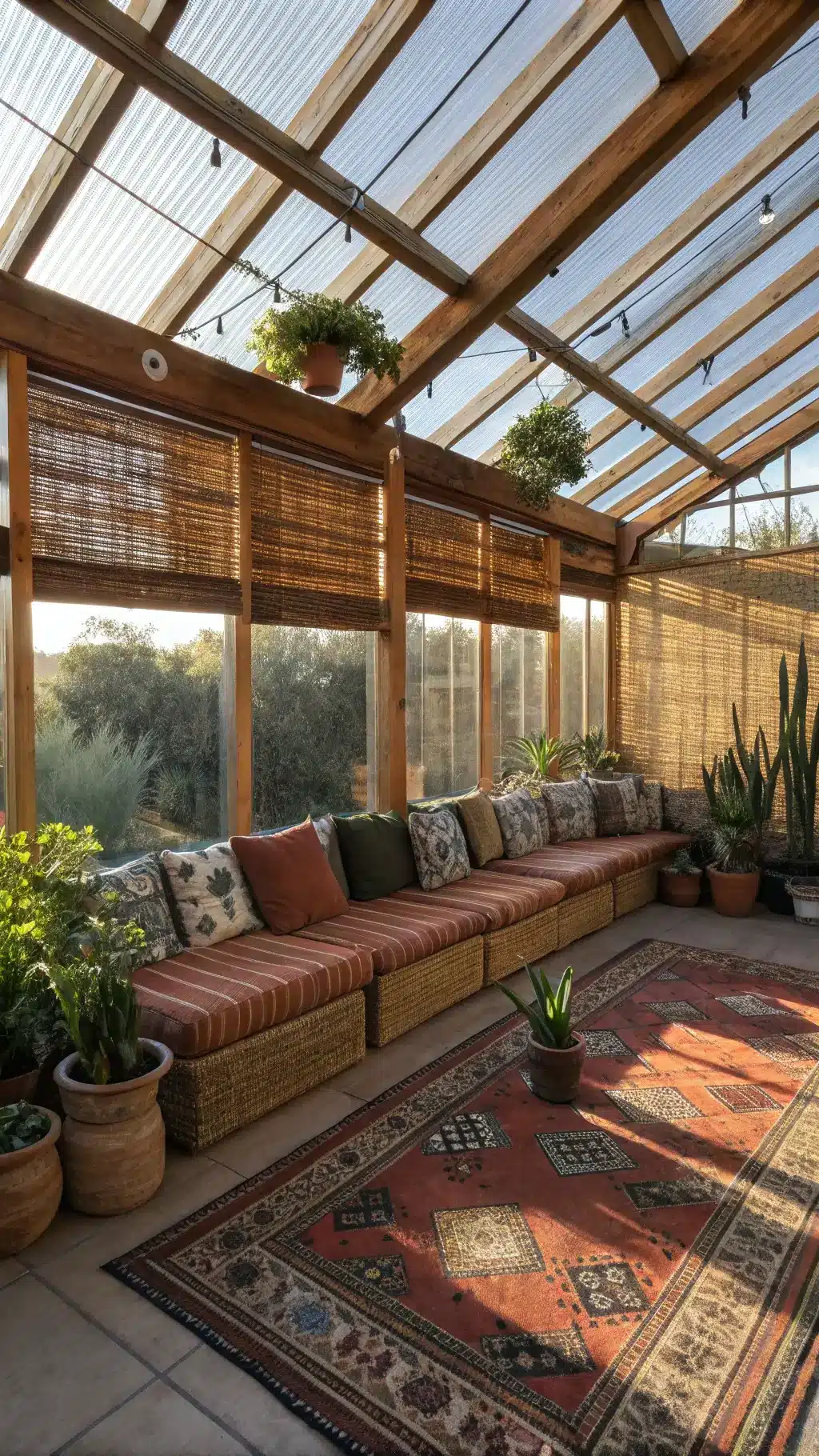Spacious double-height sunroom with exposed wooden beams, dappled afternoon light through bamboo blinds, L-shaped rattan sectional decorated with mixed tribal print cushions, ceramic pots with succulents, and layered vintage kilim rugs in a high-angle shot