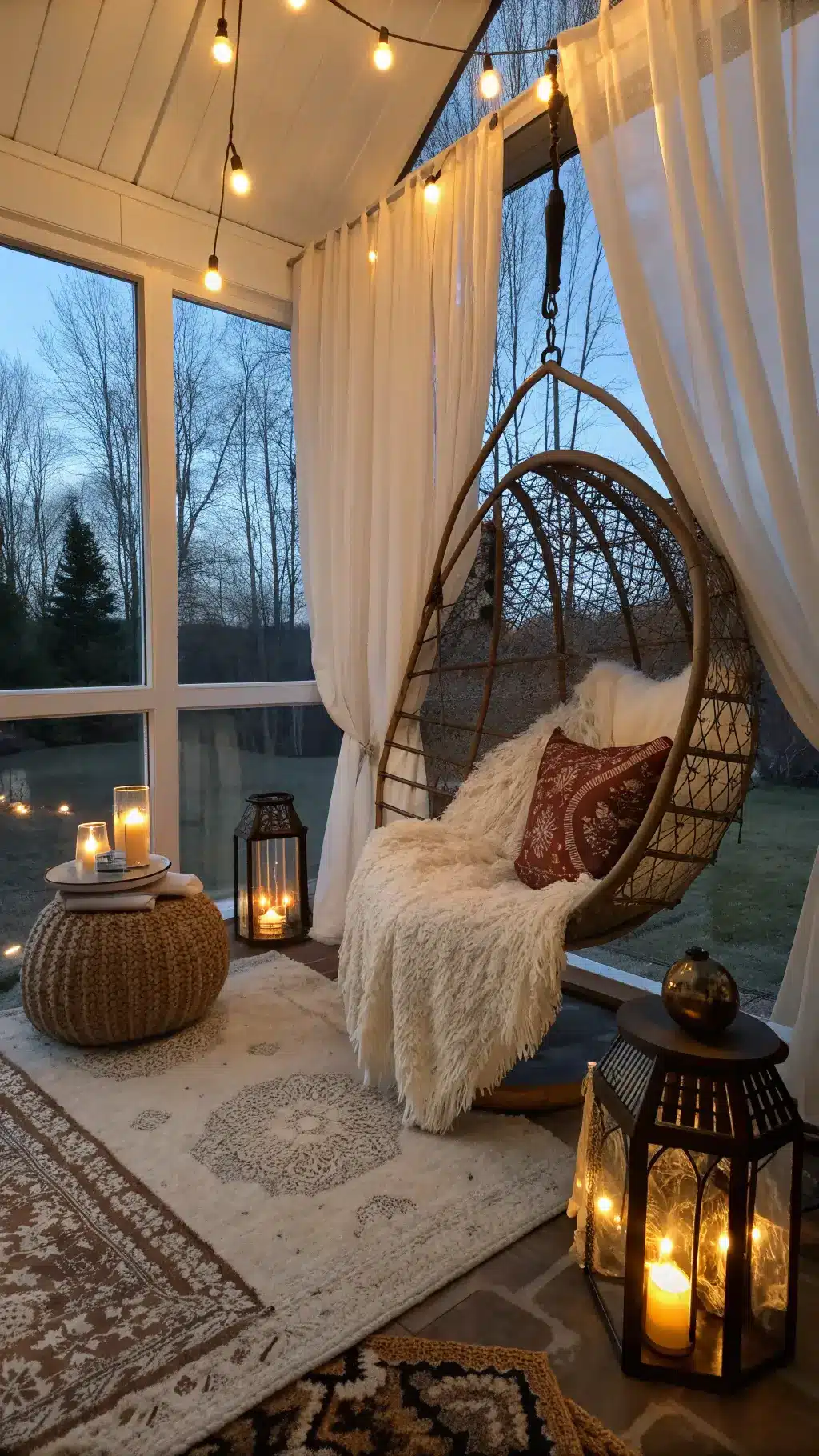 Cozy twilight-lit reading nook within a sunroom featuring a suspended rattan egg chair with sheepskin throw, embroidered pillows, brass lanterns with LED candles, and Moroccan leather poufs.