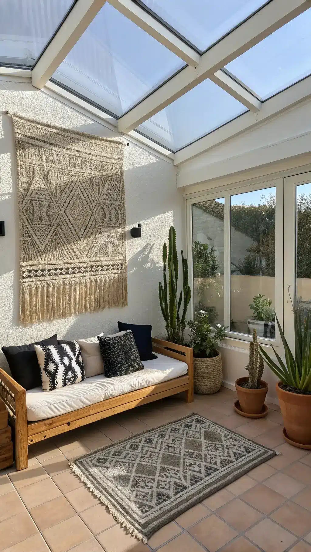 Bright and modern sunroom extension with a skylight, featuring a bamboo daybed with black and white mudcloth pillows, terracotta pots with desert plants, and a neutral toned wall tapestry, captured in a high-key, wide-angle vertical shot.