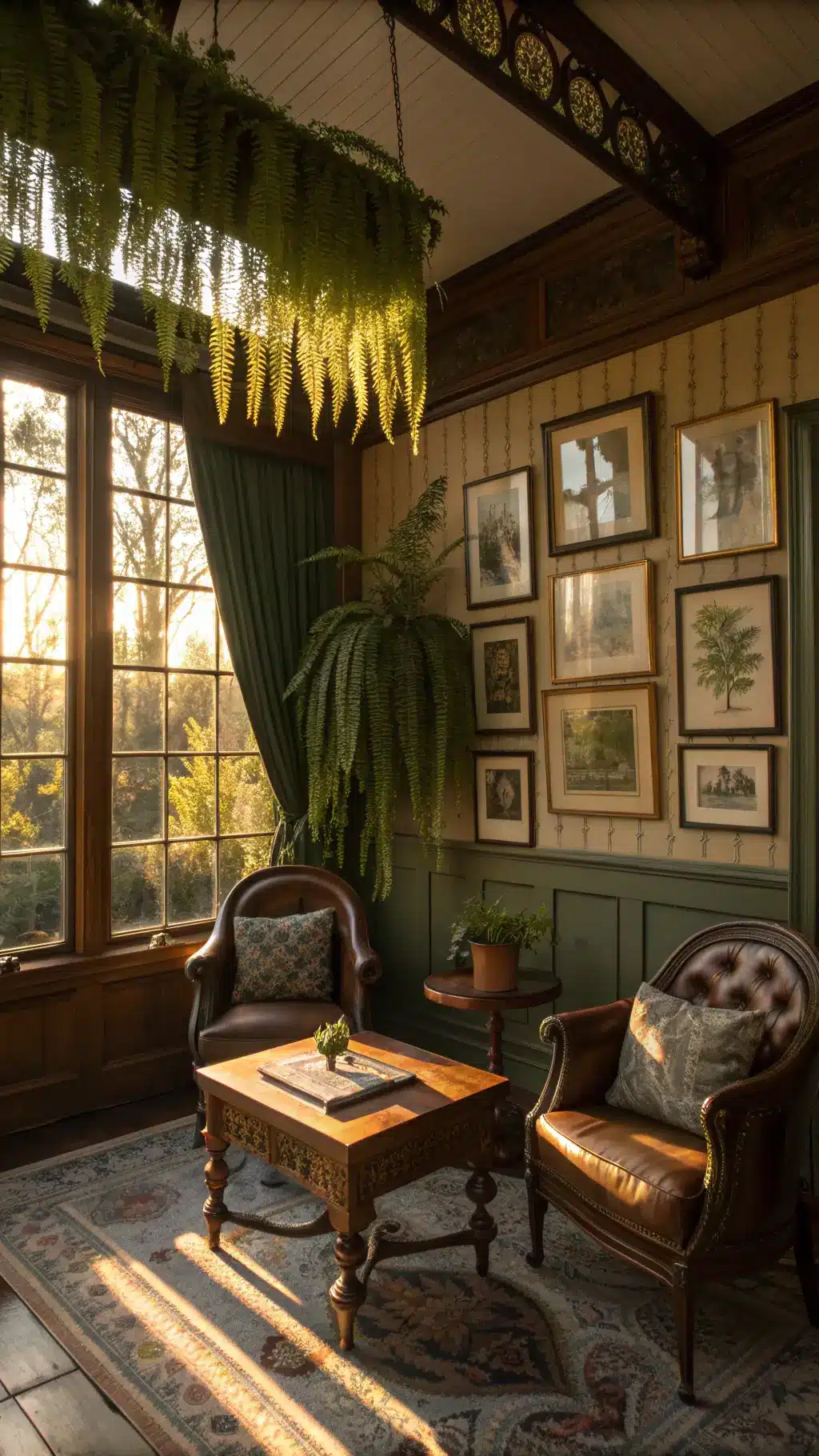 Late afternoon golden light illuminating a converted Victorian sunroom with original architectural features, vintage leather butterfly chairs next to a carved wooden coffee table, botanical prints in brass frames on the wall, and hanging ferns creating a green curtain effect.