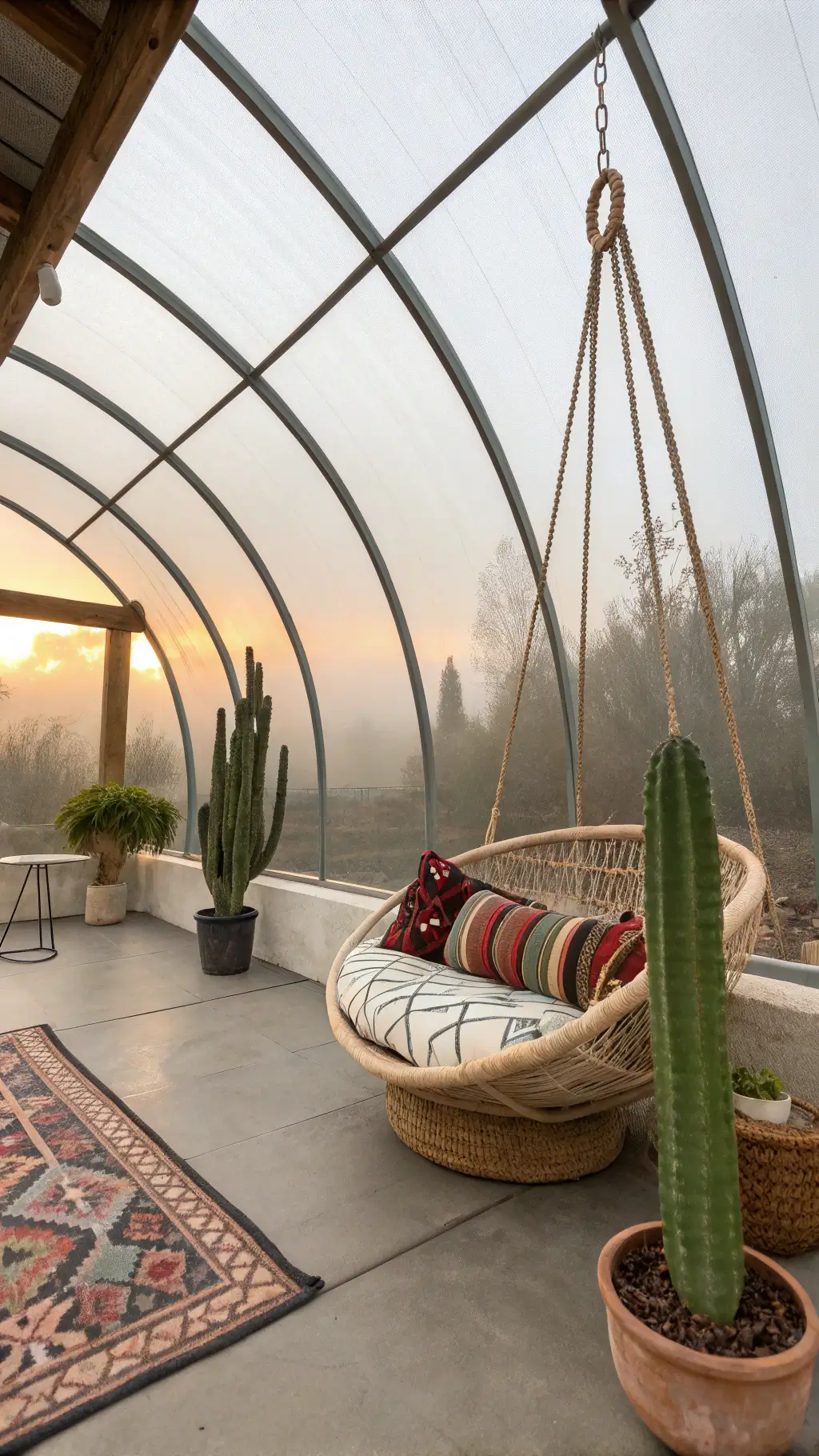 Contemporary sunroom pod featuring curved glass wall, a floating rattan swing bench with kilim cushions, geometric cement planters with tall cacti, and sunset-colored handwoven wall hanging in ethereal morning light with subtle fog effects.