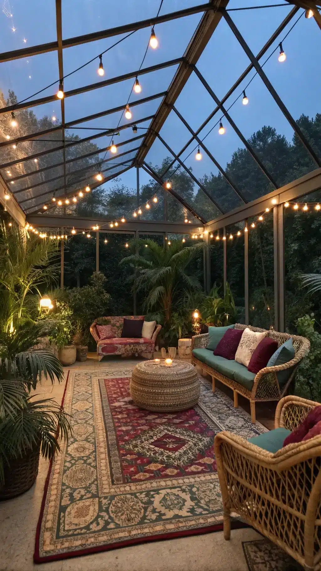 Bird's eye view of bohemian greenhouse sunroom featuring vintage Persian carpets, mixed rattan and wicker seating with velvet cushions, tropical plants, and string lights under a glass ceiling at dusk.