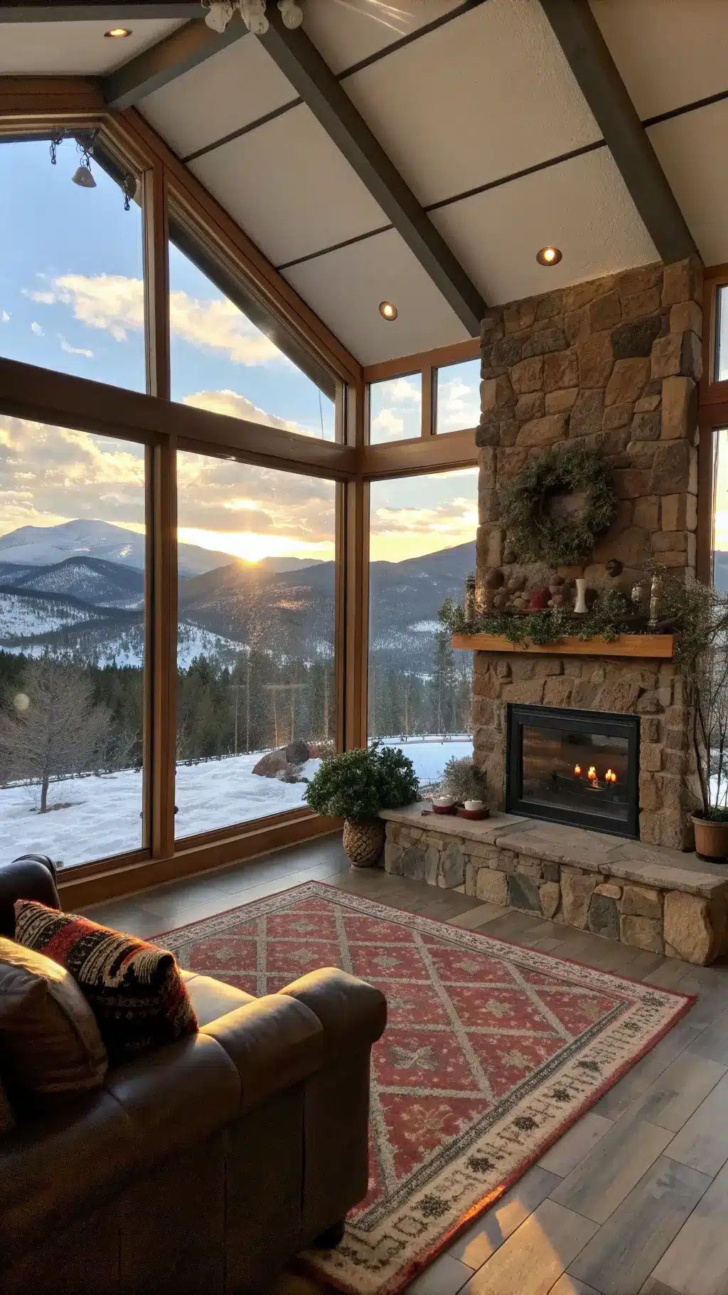 Panoramic view of a 25x20ft mountain sunroom with southwestern textiles on a low-slung leather sofa, floor-to-ceiling stone fireplace with hanging plants and copper accents, sheepskin rugs, and snow-reflected afternoon light through panoramic windows, accentuated by cool natural lighting and a warm fire glow.