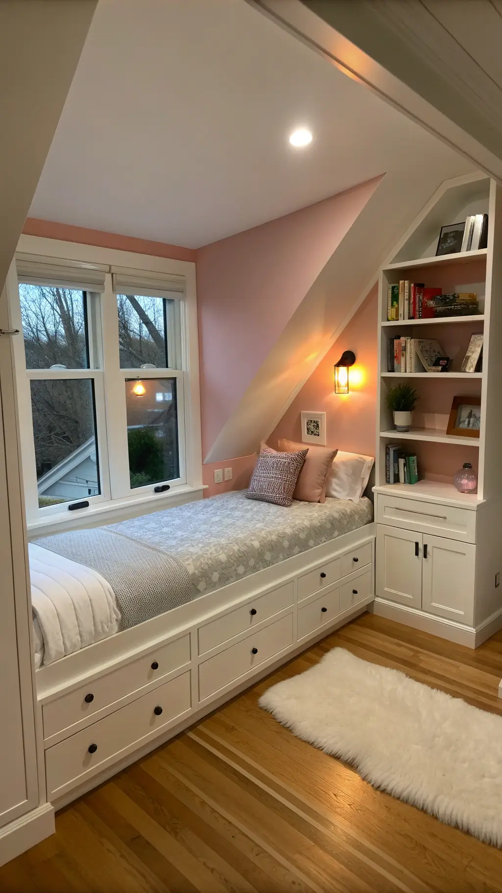 Cozy corner bedroom at dusk with twin bed, built-in storage drawers, floating nightstand with warm LED sconce, vertical storage shelves, blush accent wall, and sheepskin rug on light maple floors.
