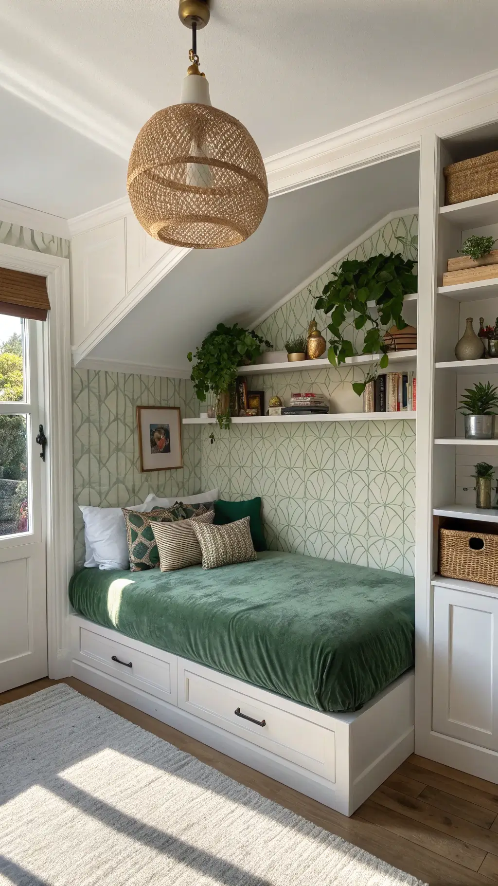 Sunlit small bedroom studio with white built-ins, sage green daybed, rattan pendant lamp, floating shelves with plants and brass objects, and subtle geometric wallpaper.