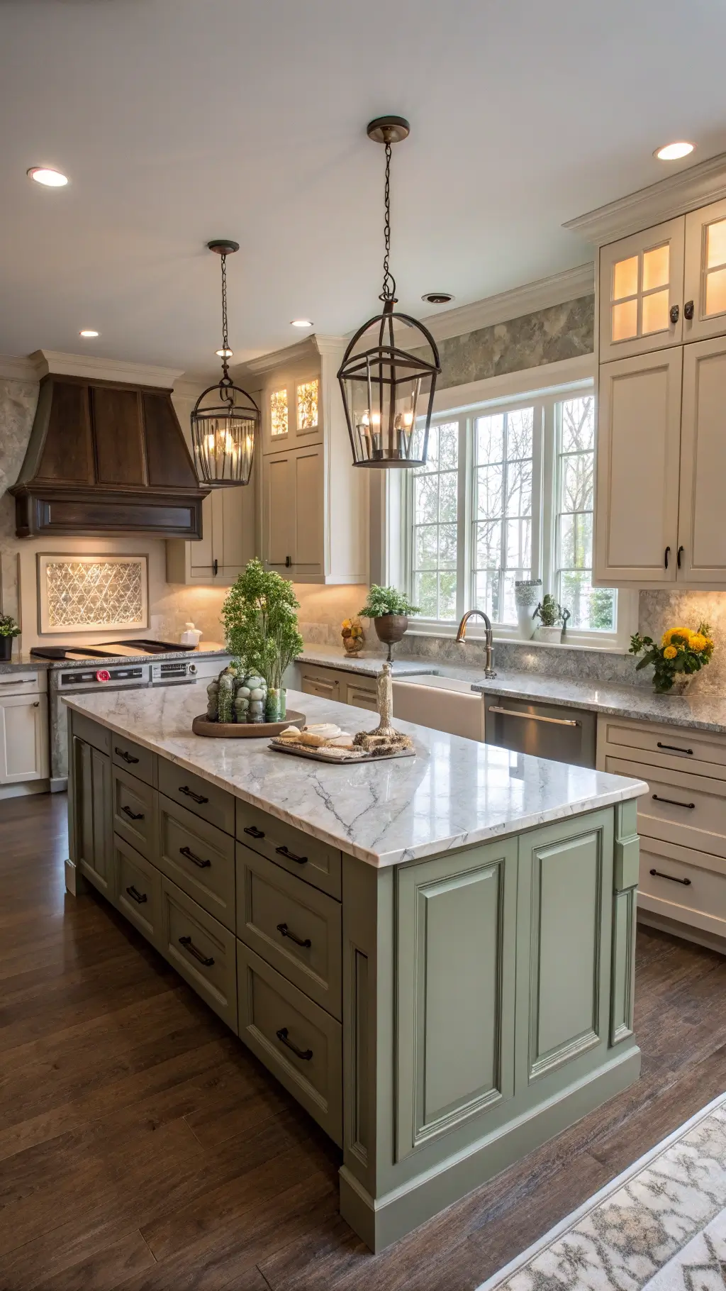 Spacious transitional kitchen featuring sage green island, warm greige cabinets, marble counters, mixed metal hardware, accented by natural morning light and styled with organic elements and metallic accessories.