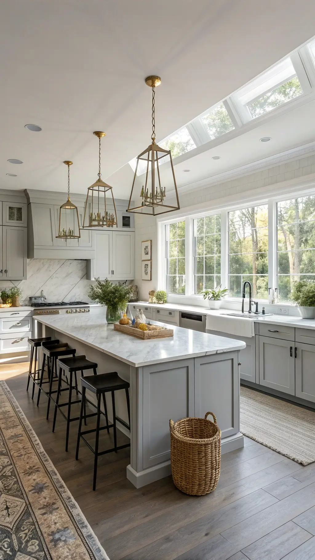 Sunlit modern grey kitchen with light streaming through floor-to-ceiling windows, highlighting white marble countertops and grey shaker cabinets with woven basket planters and ceramic vases as decor; perspective from corner entrance
