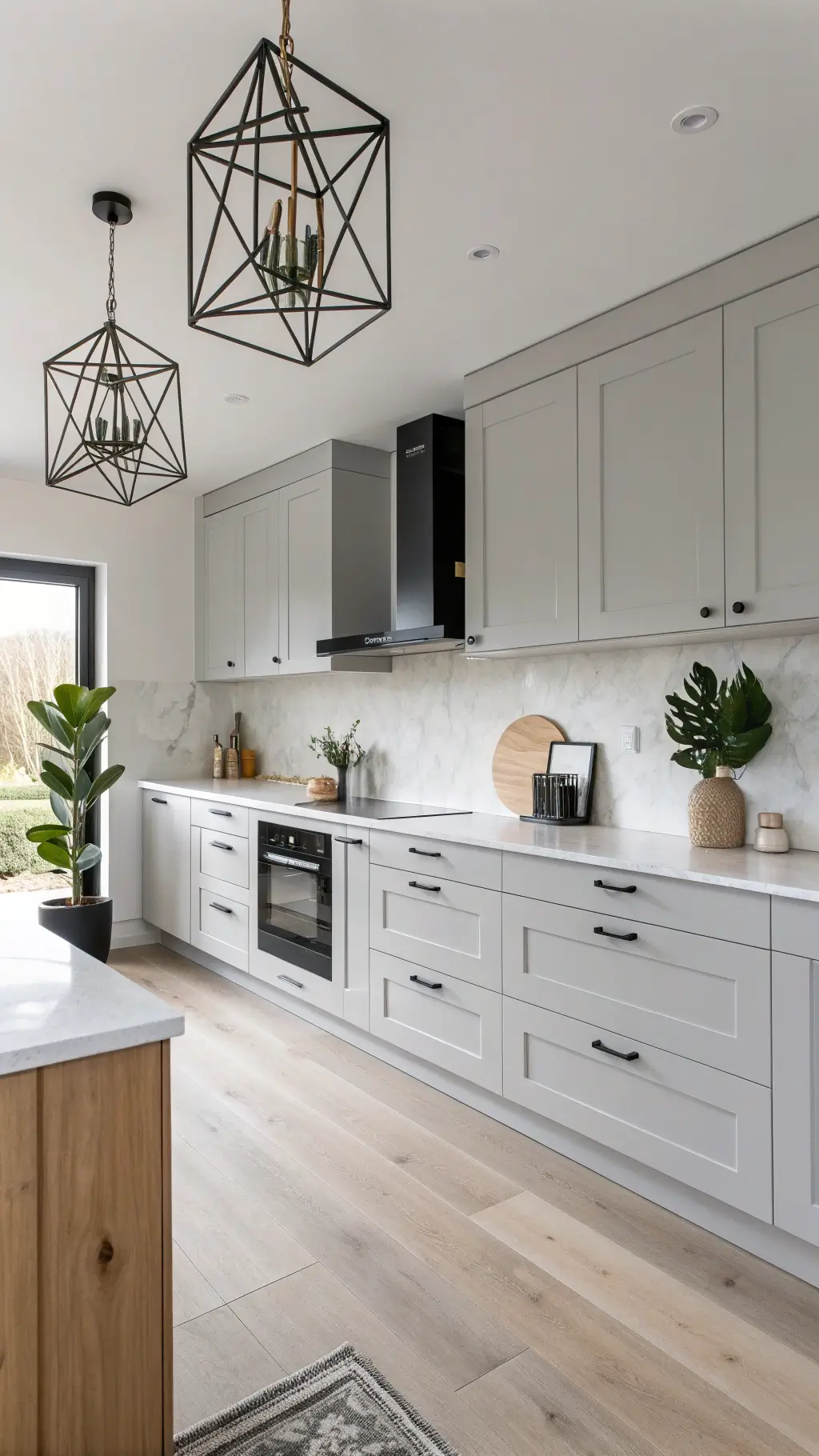 Scandinavian grey minimalist kitchen with pale grey cabinets, white quartz countertops, blonde wood accents, black matte fixtures, and potted fiddle leaf fig under geometric pendant light, flooded with diffused northern light.