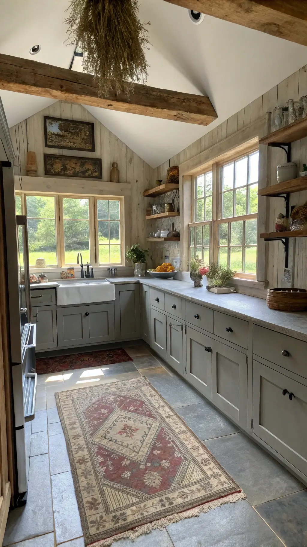 Rustic farmhouse kitchen with grey weathered cabinets, soapstone counters, apron sink, reclaimed barn beam shelves and a vintage rug. Natural light flows through mullioned windows, with dried herbs hanging and a beautiful countryside view from the entrance.