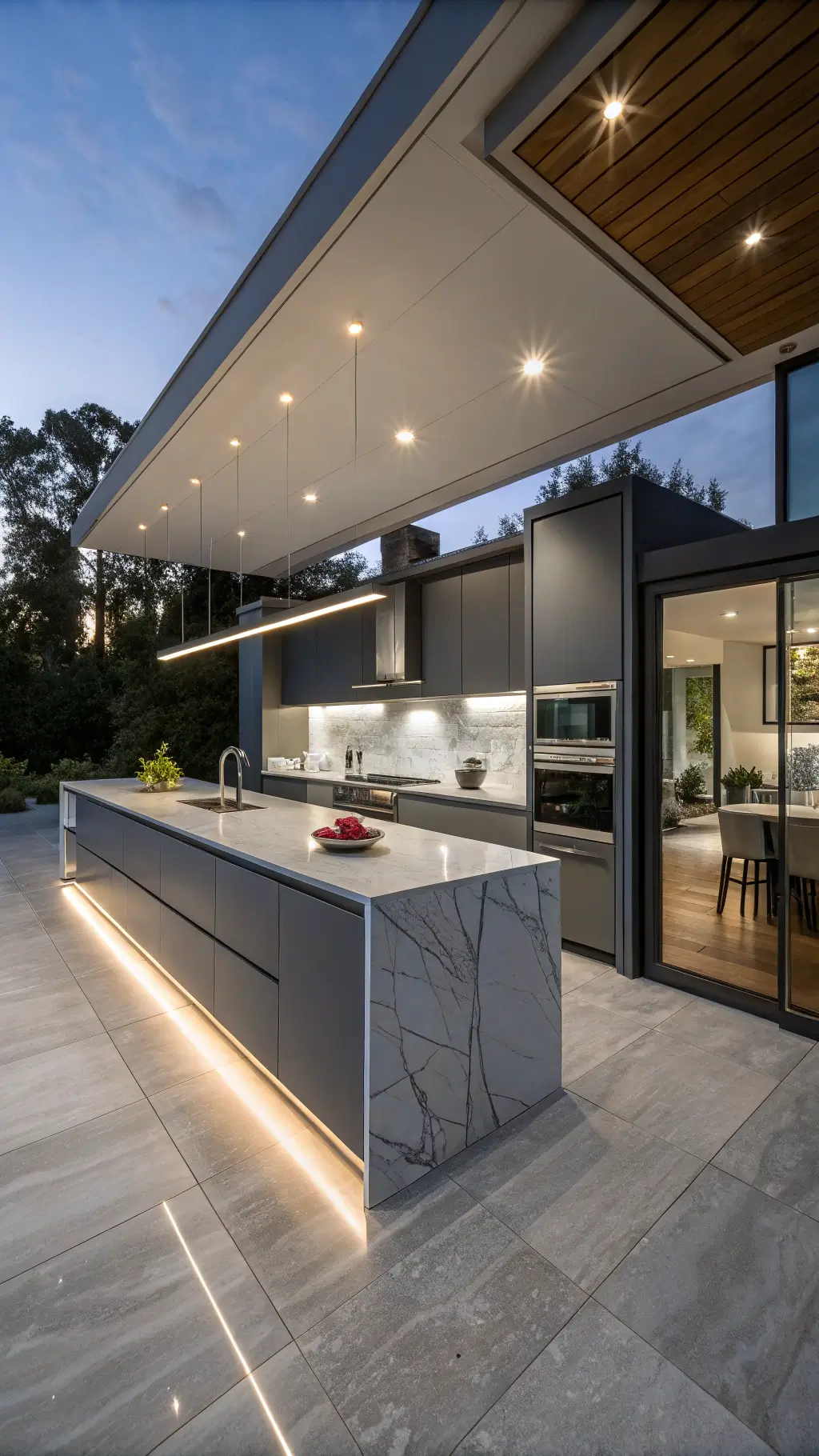 Contemporary grey kitchen at twilight featuring high-gloss cabinets, glass backsplash, integrated appliances, a floating island with quartz waterfall, under-cabinet LED lighting, and modern art, captured in a dramatic low-angle shot emphasizing reflective surfaces