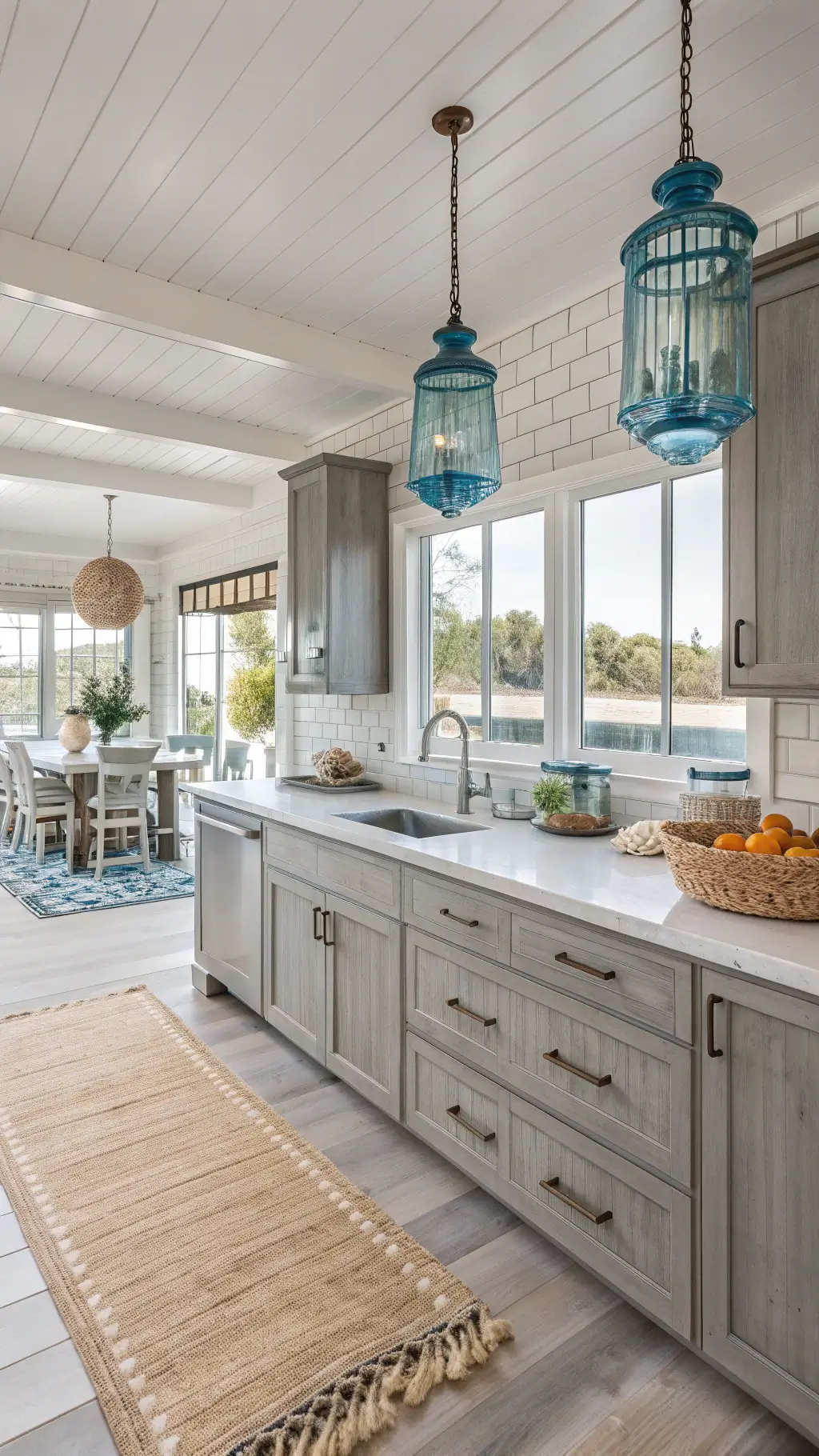 Breezy 18x15ft coastal grey kitchen with driftwood grey cabinets, white shiplap walls, natural fiber rug and shell collections, illuminated by afternoon light and blue glass pendants, showcasing a relaxed, beachy mood and indoor-outdoor flow.