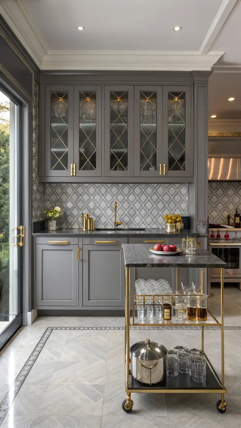 Art Deco grey kitchen with luxurious gold hardware, black marble counters, and a vintage bar cart captured at dusk