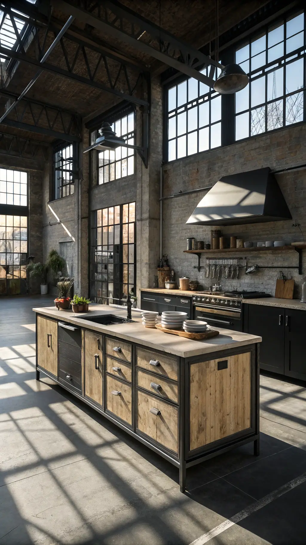 Overhead view of a chic industrial-style kitchen with cerused oak cabinets, steel framed windows and island, butcher block countertops, and professional cookware under afternoon light.