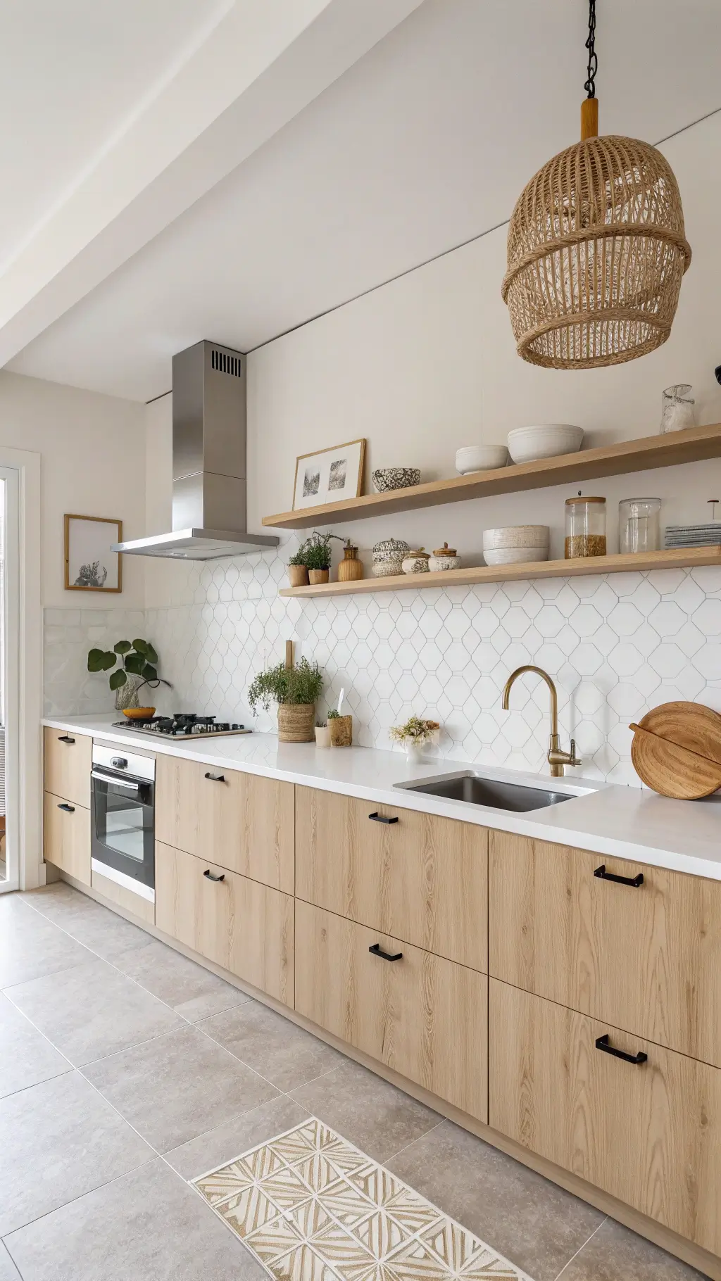 Minimalist Scandinavian kitchen with beige flat-panel cabinets, white oak shelves, woven pendant light and limestone counters.