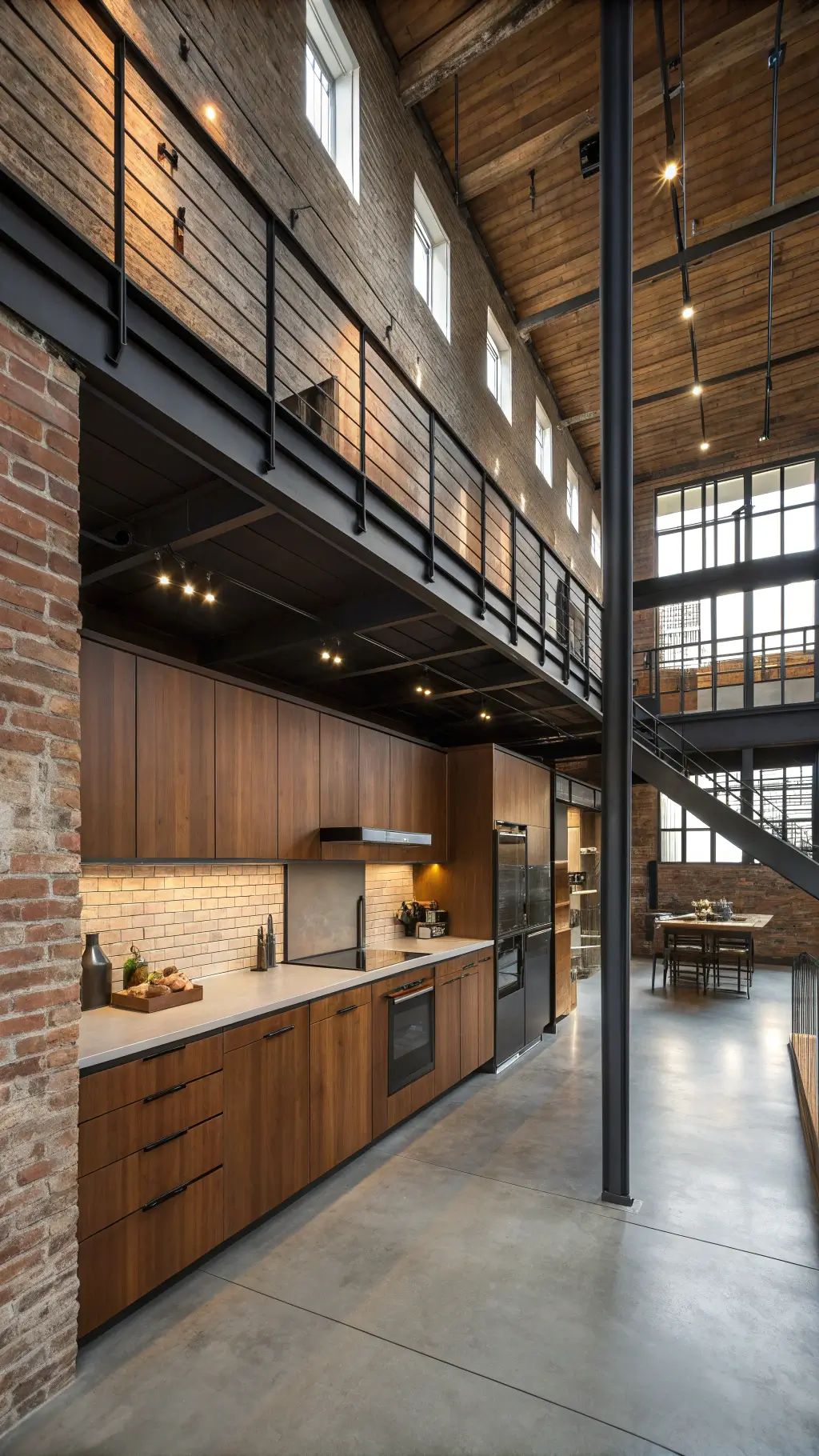 Double-height exposed brick kitchen with walnut cabinetry, blackened steel open shelving, high-gloss concrete floors, and minimal geometric pottery decor, illuminated by afternoon light through industrial windows.