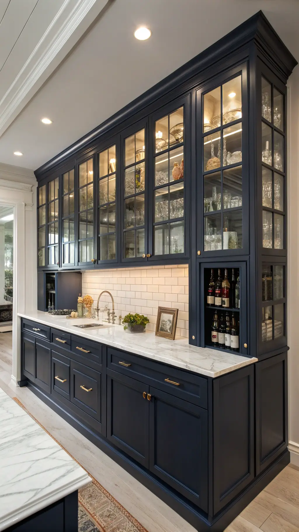 Elegant traditional navy kitchen library with marble counters, glass-front cabinets displaying china collection, built-in wine storage, classic nickel hardware, and traditional island with turned legs, captured from the corner showing full height.