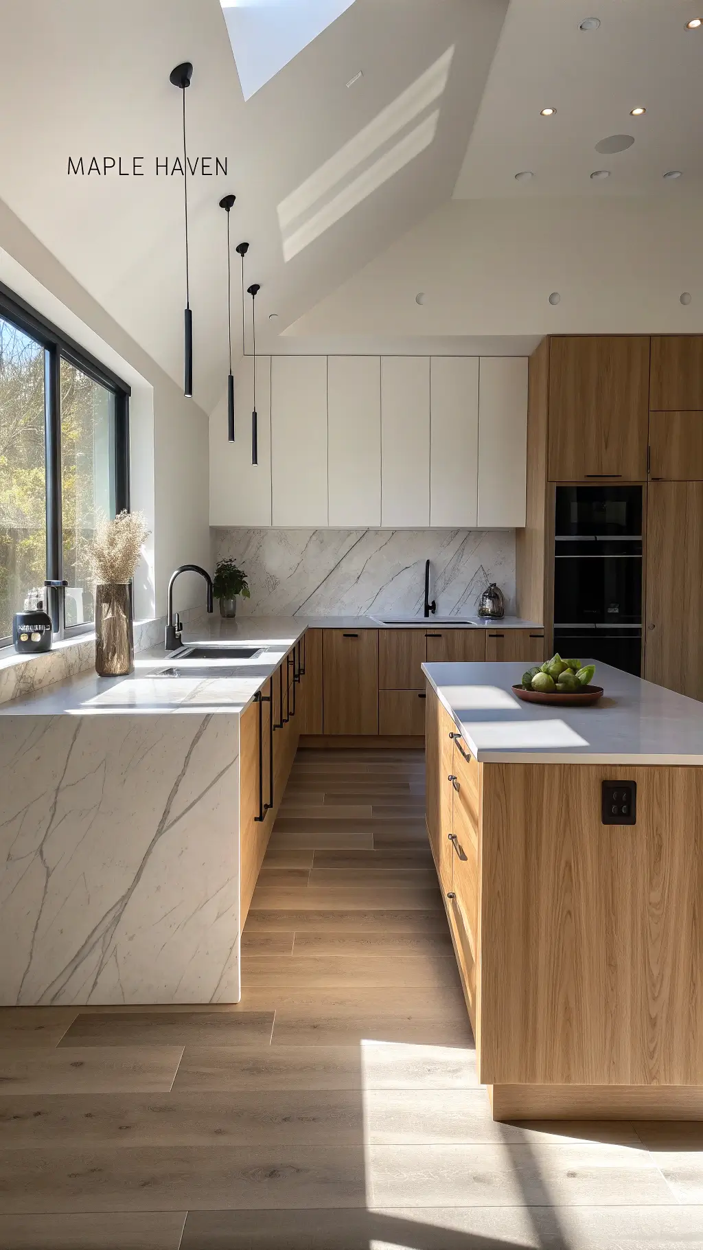 Modern minimalist kitchen with blonde maple cabinets, white marble waterfall island, and matte black fixtures, brightly lit by afternoon sun through skylights.