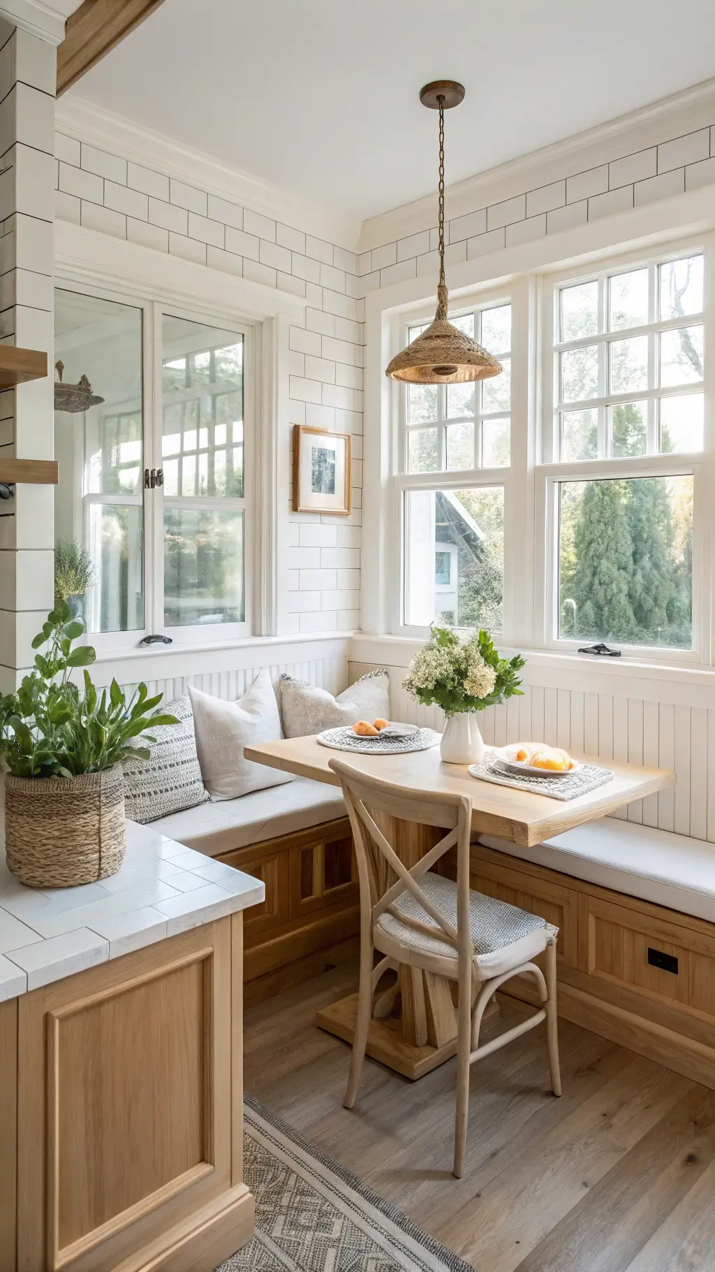 Sunny breakfast nook with birch cabinets, white subway tile backsplash, built-in bench seating with cushions, and potted plants for an organic touch.