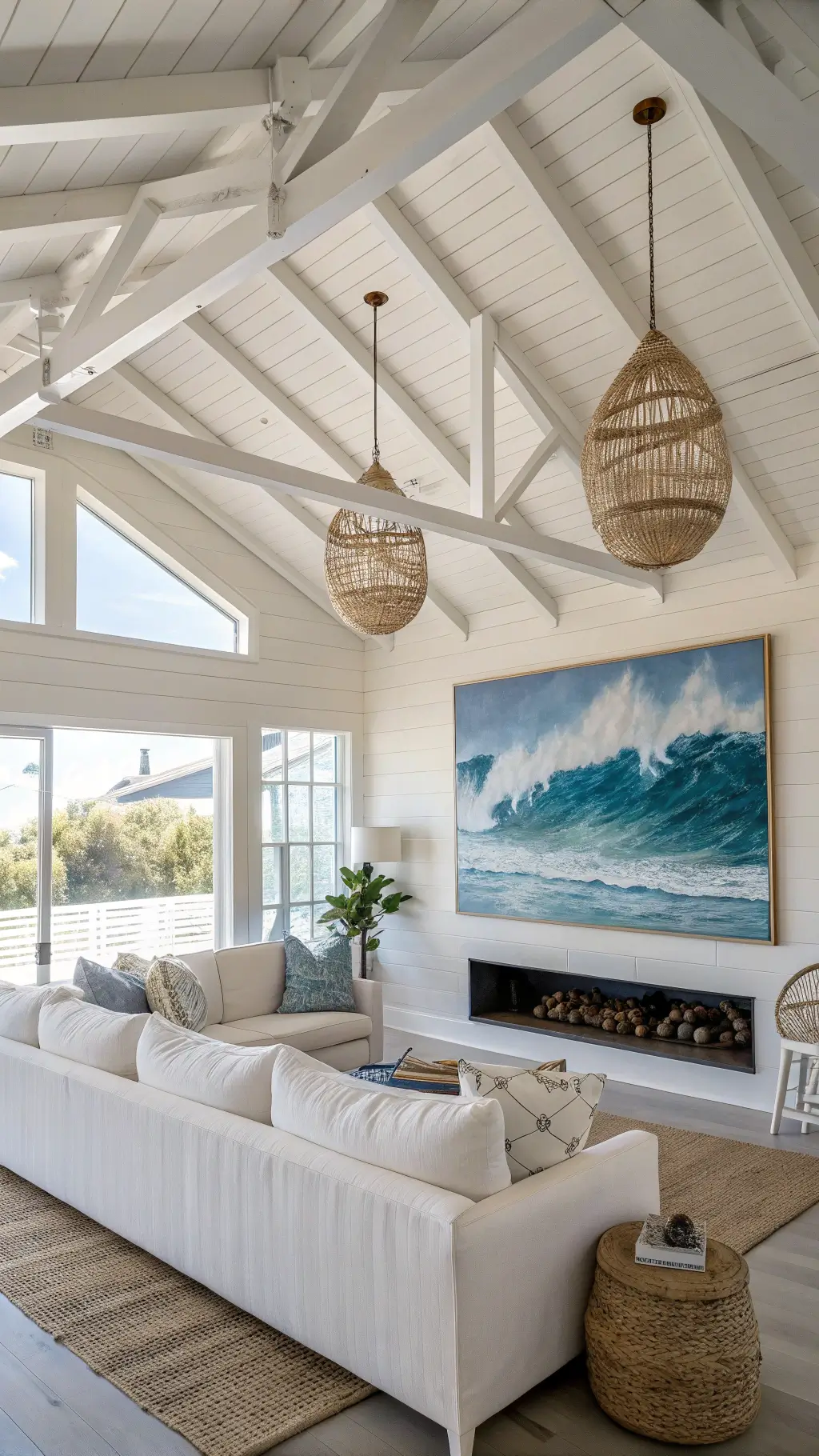 Open concept coastal living room with high ceilings, exposed whitewashed beams, a large abstract seascape painting above a linen sofa, and rattan pendant lights, photographed in morning light.