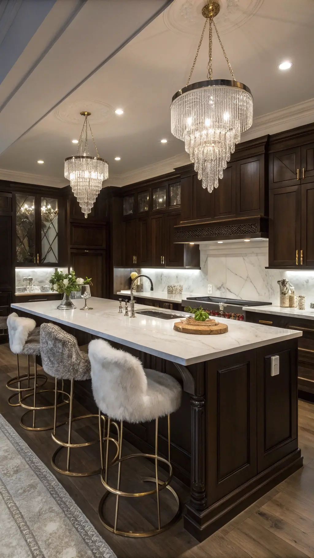 Intimate 15x12ft winter woods kitchen featuring dark wood cabinets, white marble countertops, crystal pendant lights casting prismatic light, bar stools adorned with fur throws, metallic accents throughout, and warm evening lighting, viewed from a low camera angle to emphasize height and drama.