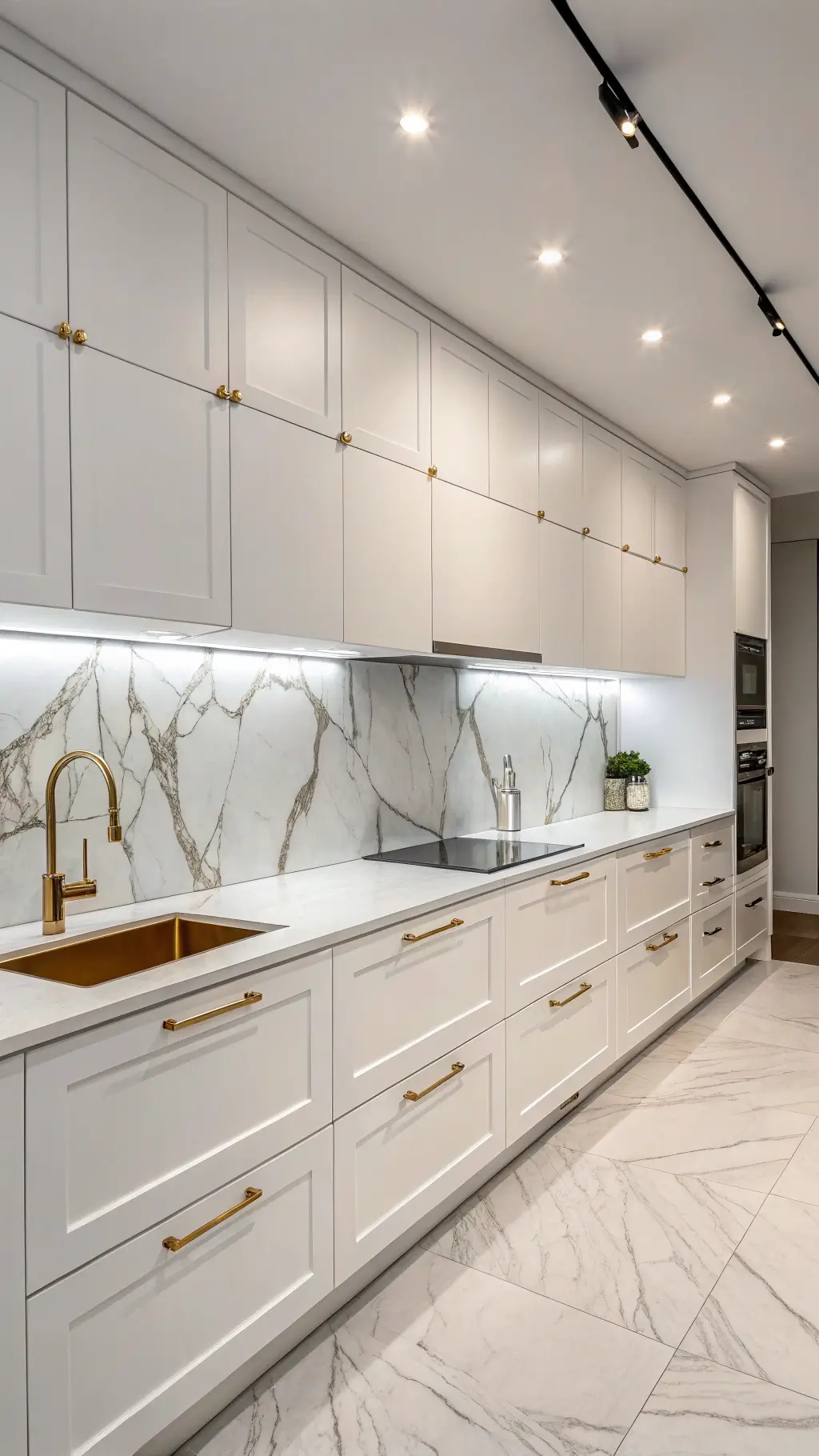Midmorning shot of an urban 10x14ft kitchen featuring dove white high-gloss cabinets, marble backsplash, brass fixtures, and minimalist hardware, captured with bright, even lighting.
